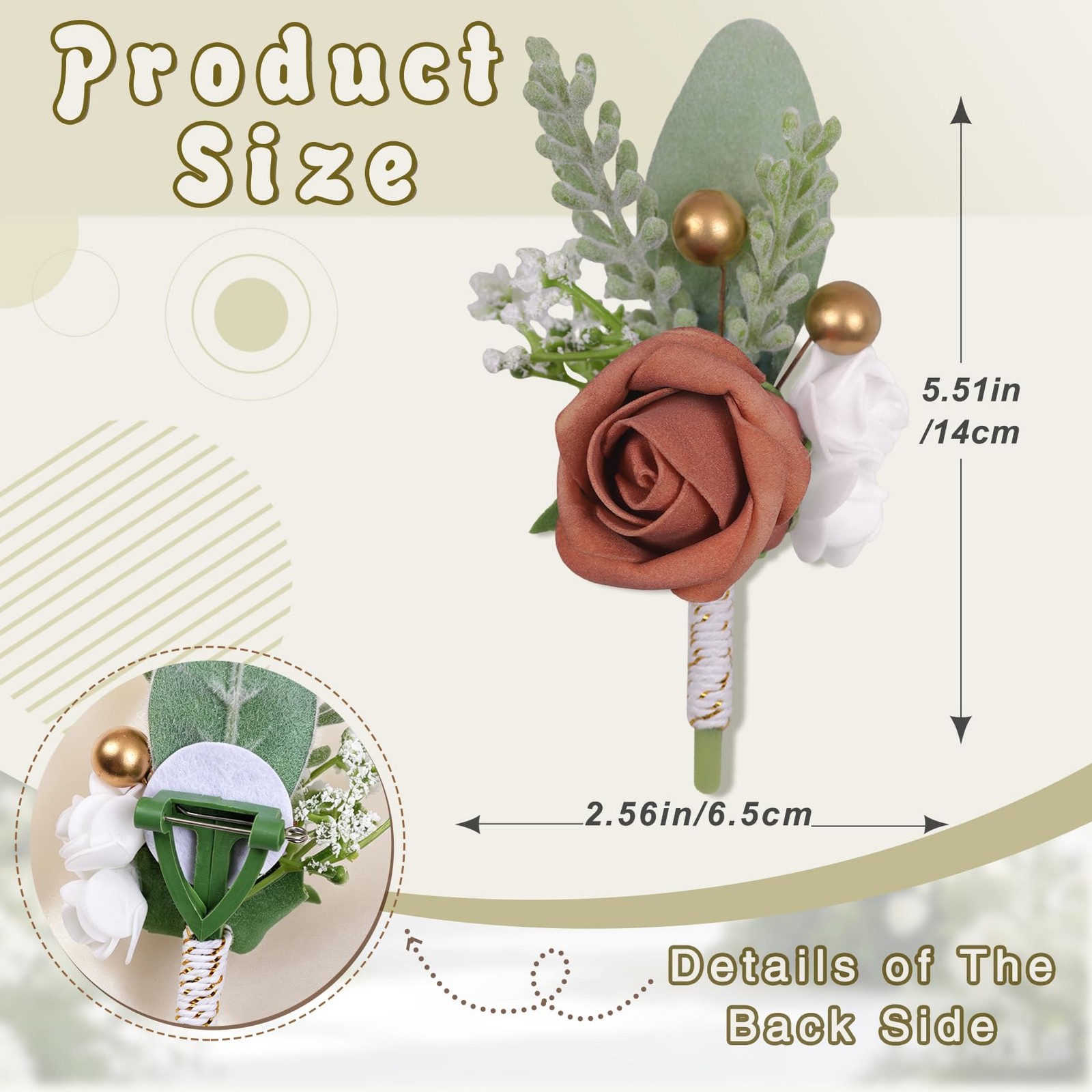 Burnt Orange Faux Foam Rose Boutonnieres for Men Wedding 6Pcs
