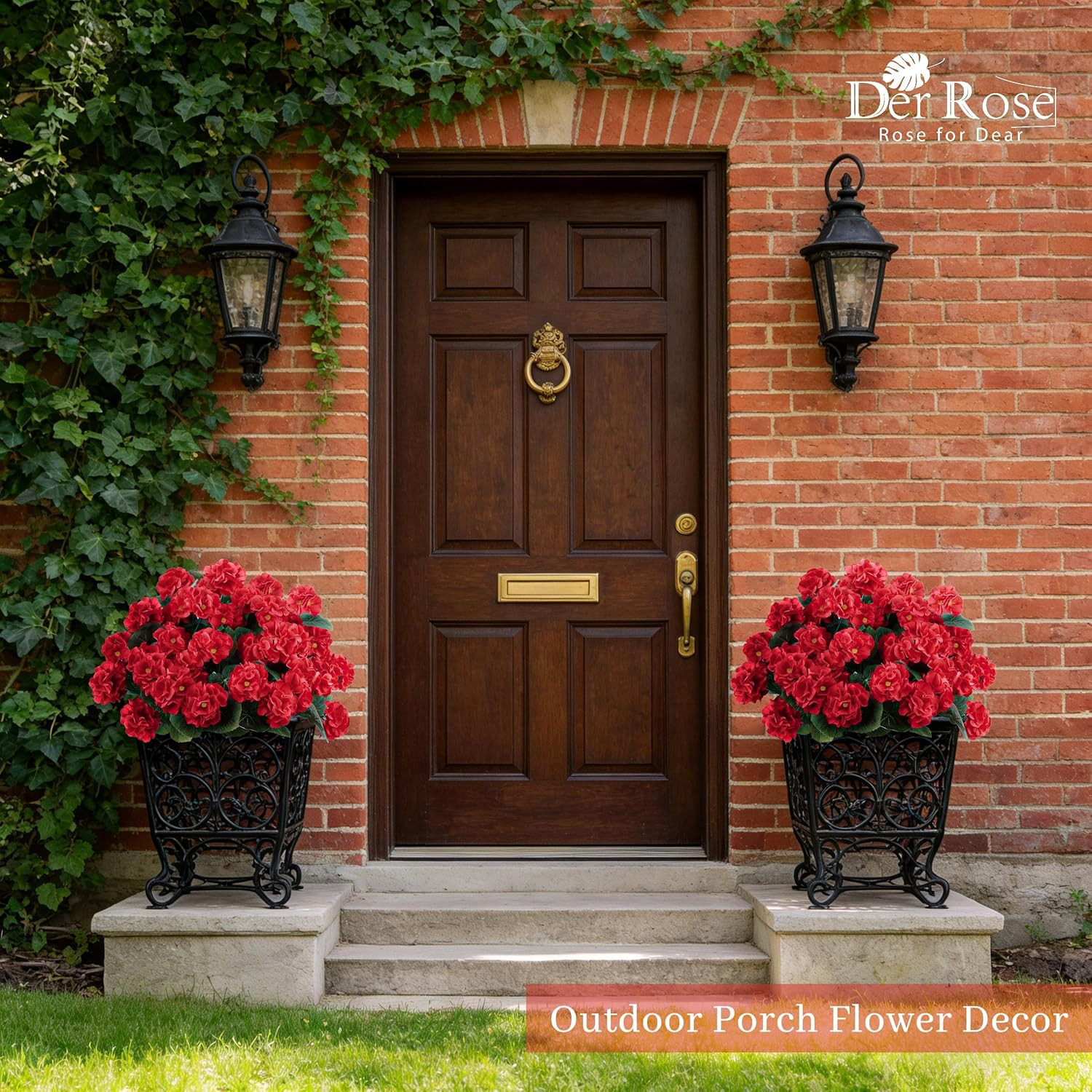 Der Rose 6 Pack Red Artificial Geraniums Flowers for Outdoors UV Resistant Faux