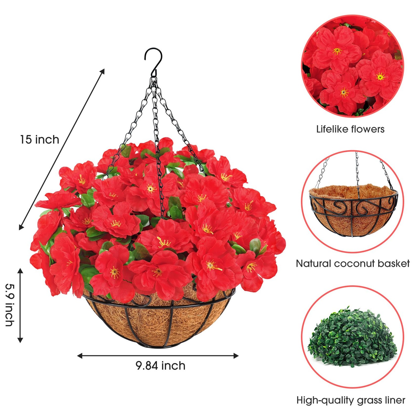 Artificial Hanging Flowers with Basket, Silk Fake Azalea Flowers in Coconut L…