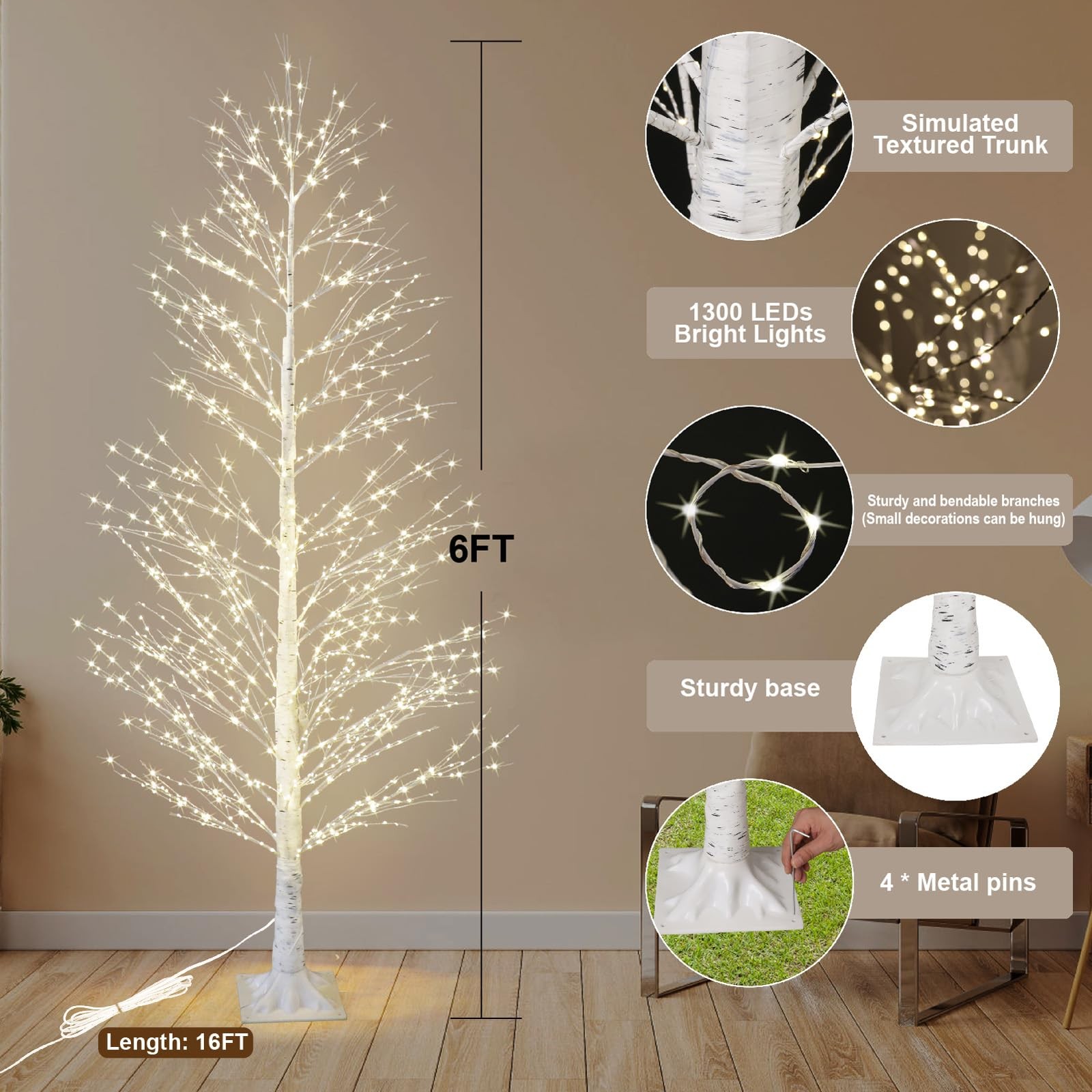 6FT Enchanting Birch Tree with 1300 LED Lights, Twinkle Light White Christmas…