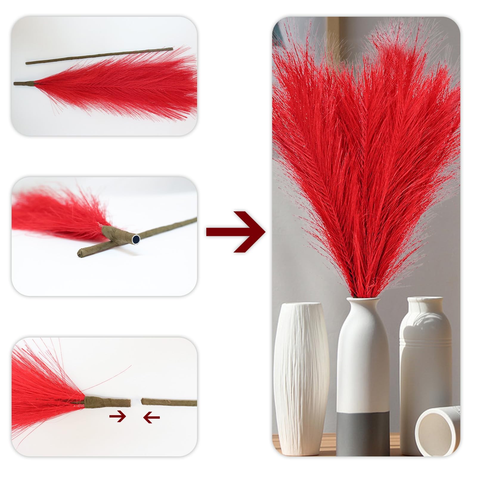 Pampas Grass Tall Fluffy, 5 Pcs Detachable Faux Bulrush Reed Grass Dark Red f…