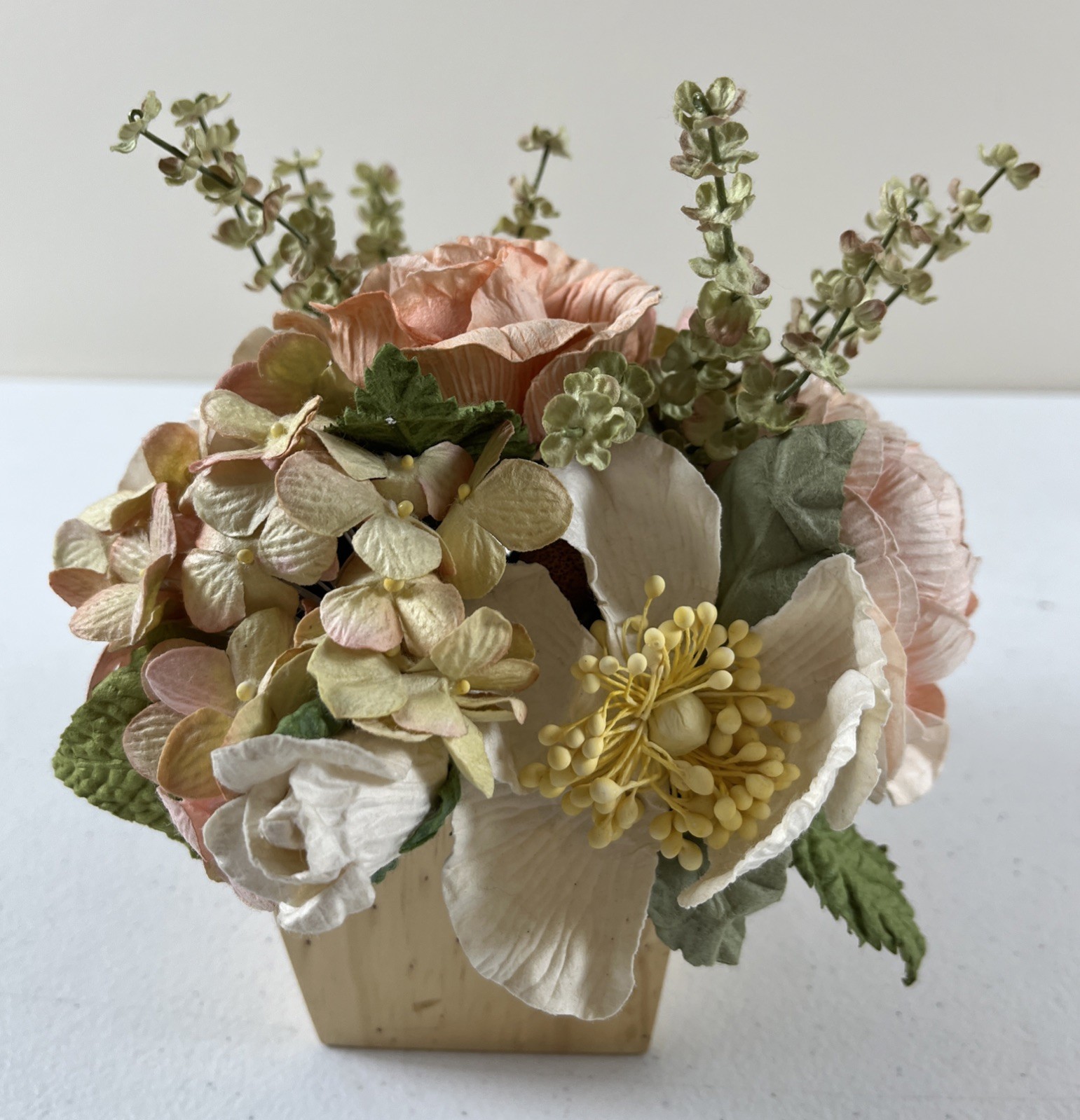 Paper Flower Arrangement With Wooden Base Hydrangeas And Roses Peach Color