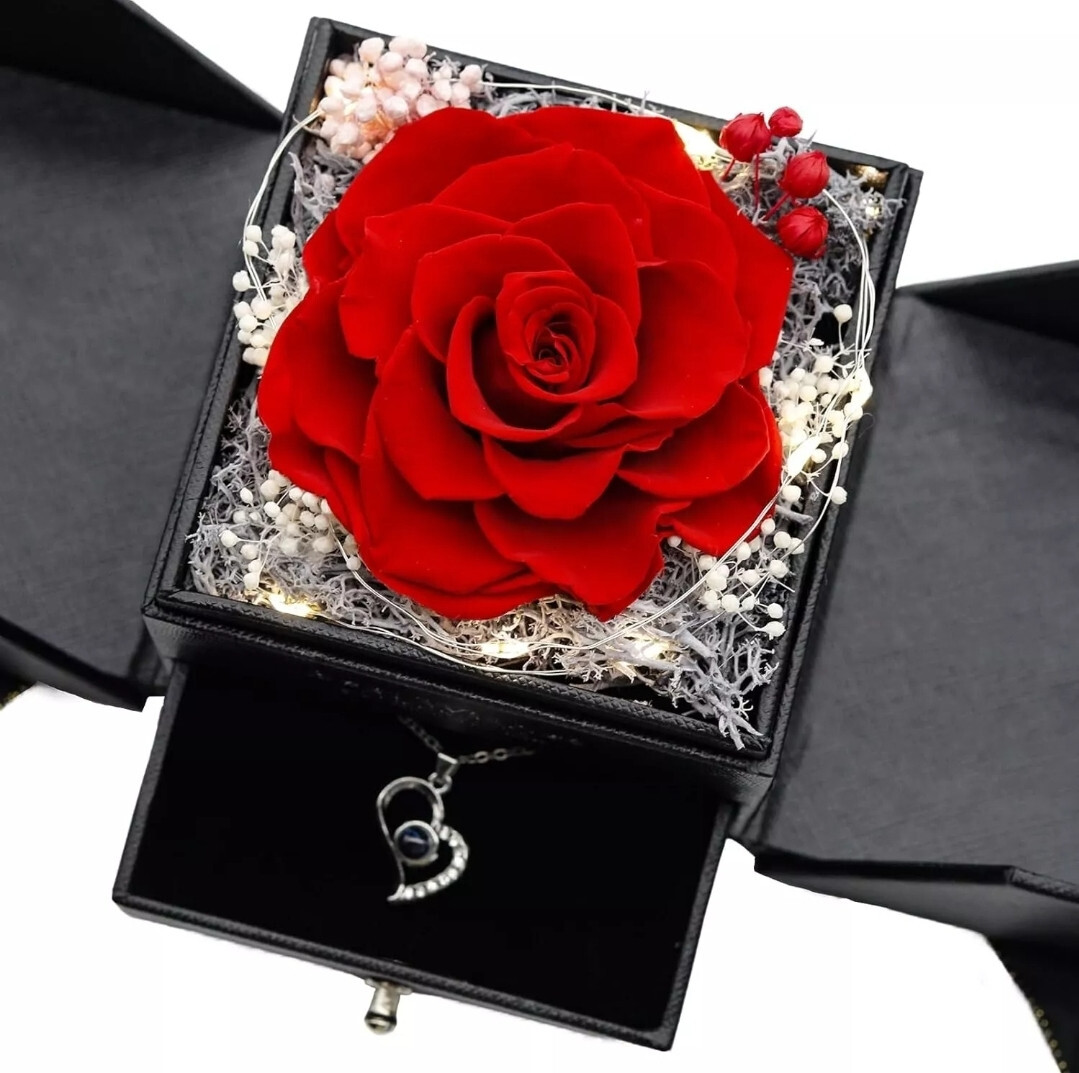 Real Preserved Red Rose with Necklace Auto LED Light Fathers day Gift For him!