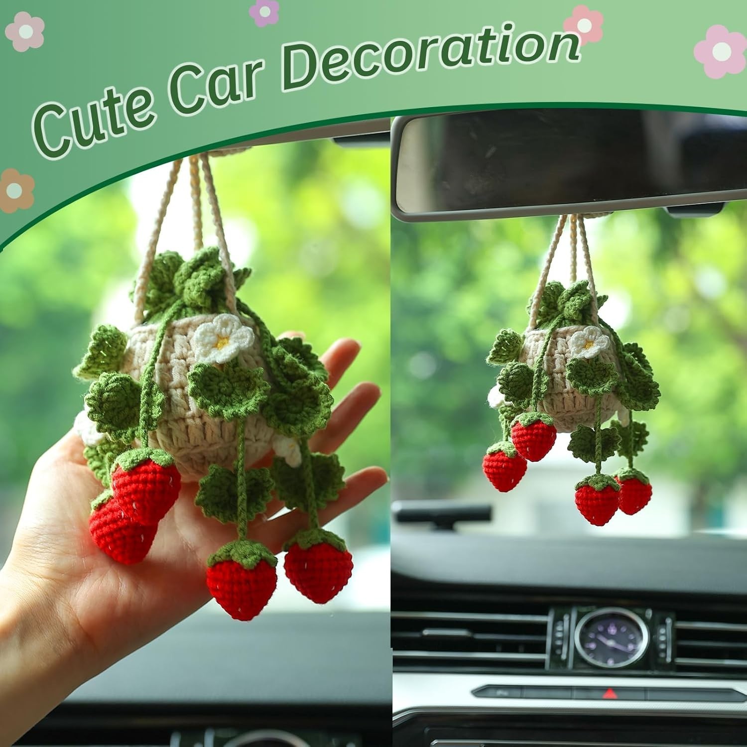 Crochet Hanging Plant for Car,Car Decorations Interior,Plant Strawberry Aesth…