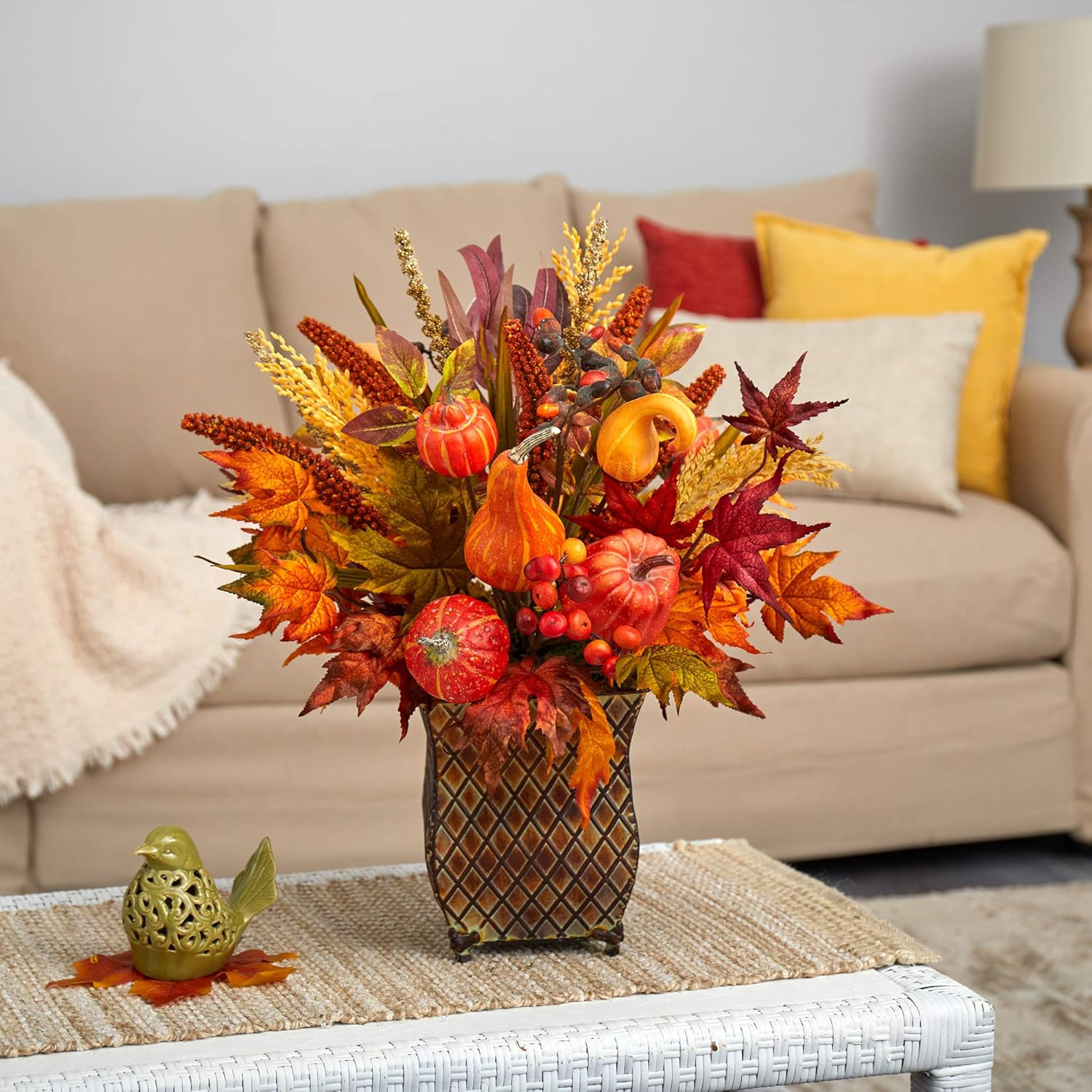 21″ Pumpkin & Maple Leaf Harvest Arrangement in Metal Planter