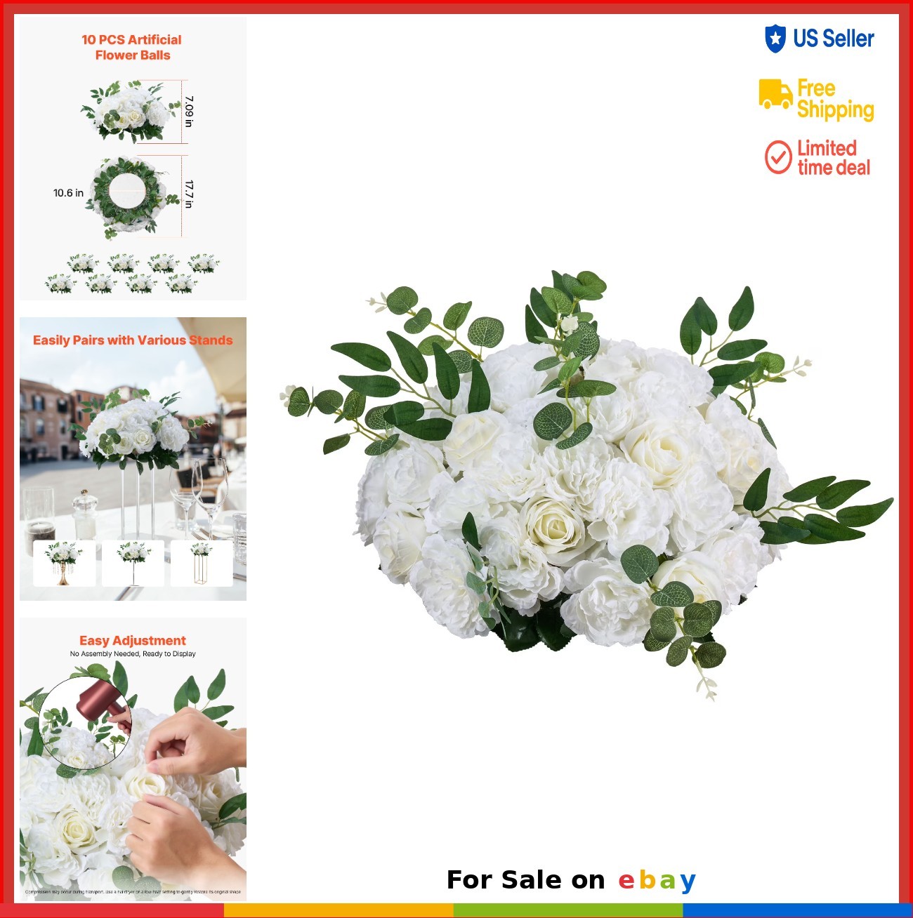 Set of 10 Artificial Flower Balls 17.7 Inch White Rose Arrangements Faux Floral