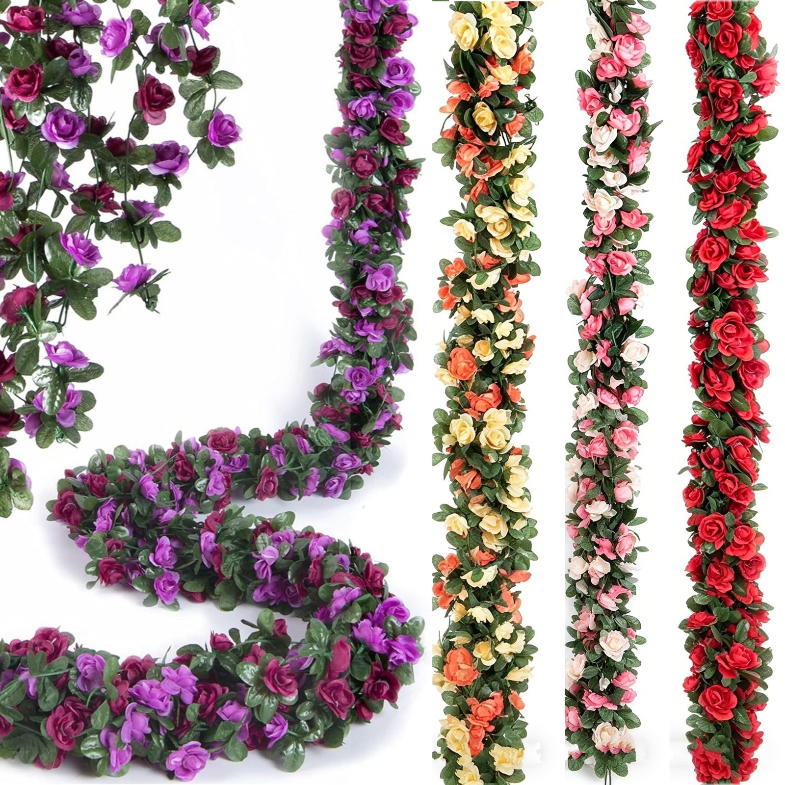 9Pcs Fake Rose Vines 73.8FT Artificial 45 Heads Flower Garland Wedding Home Wall