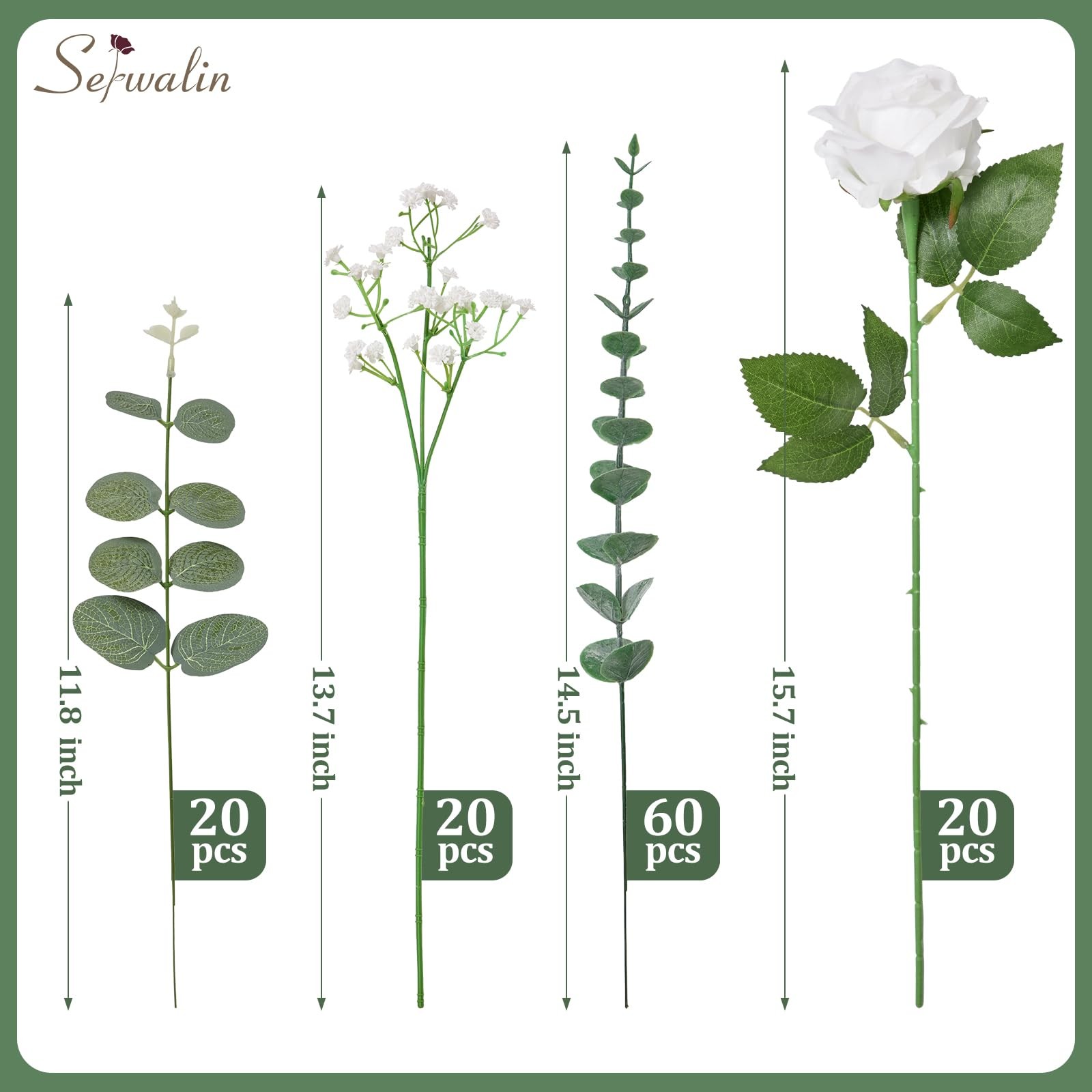 120 Pcs Mixed Eucalyptus Greenery Stems, White Silk Roses and Babys Breath Ar…