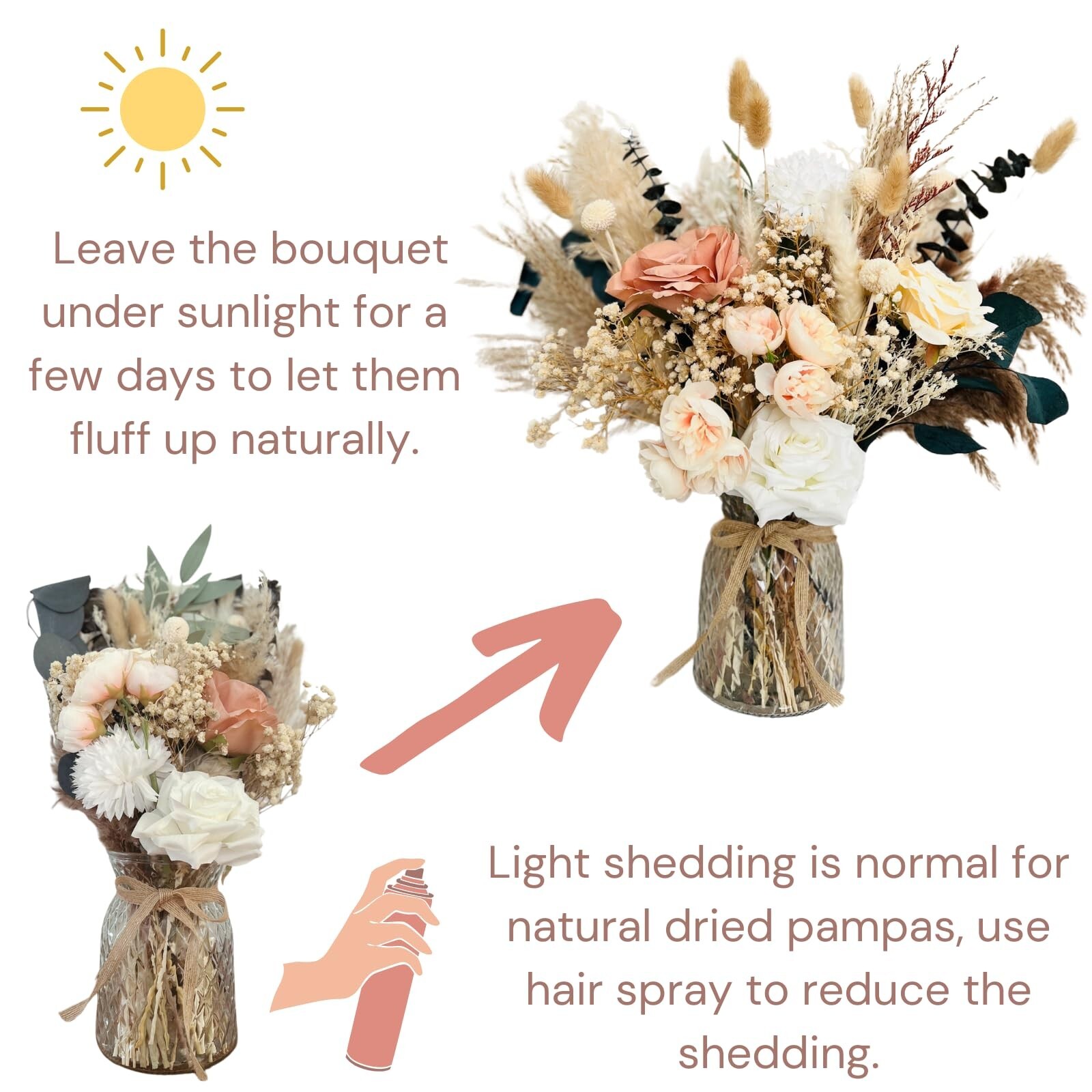 100pcs High End Artificial Flowers Dried Pampas Decor With Vase, Kitchen Isla…