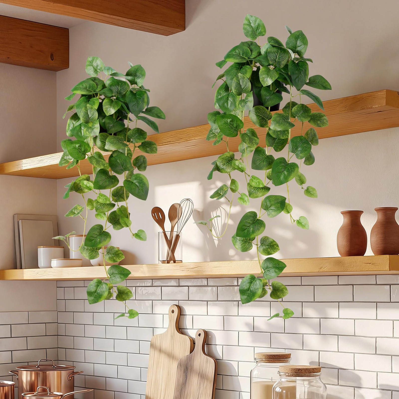 Fake Pothos Hanging Plant – Set of 2 Artificial Plants Indoor with Pots, Silk…