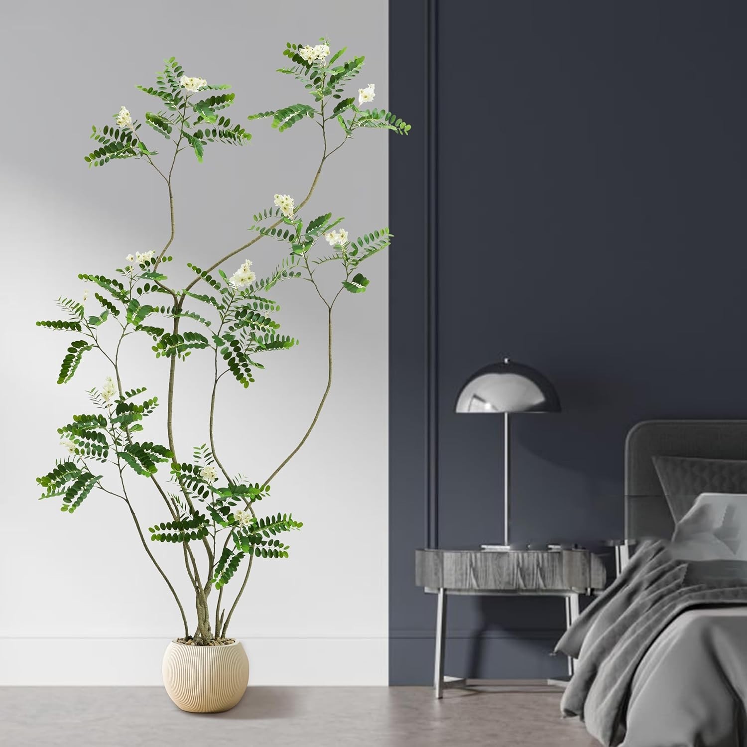 Artificial Black Locust Tree 6FT Faux Floor Plant White Flower Beige Ribbed Plan