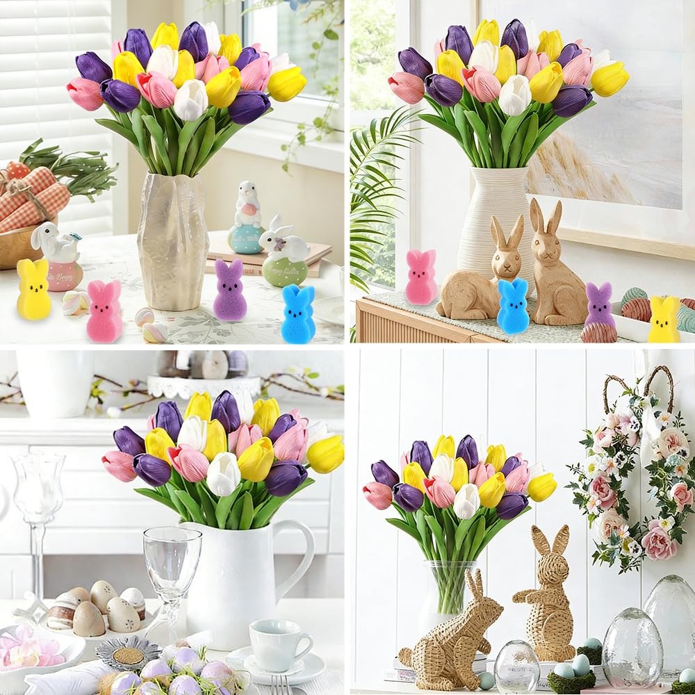 15 PCS Artificial Tulips 48 PCS Sponge Bunny Easter Vase Filler Set
