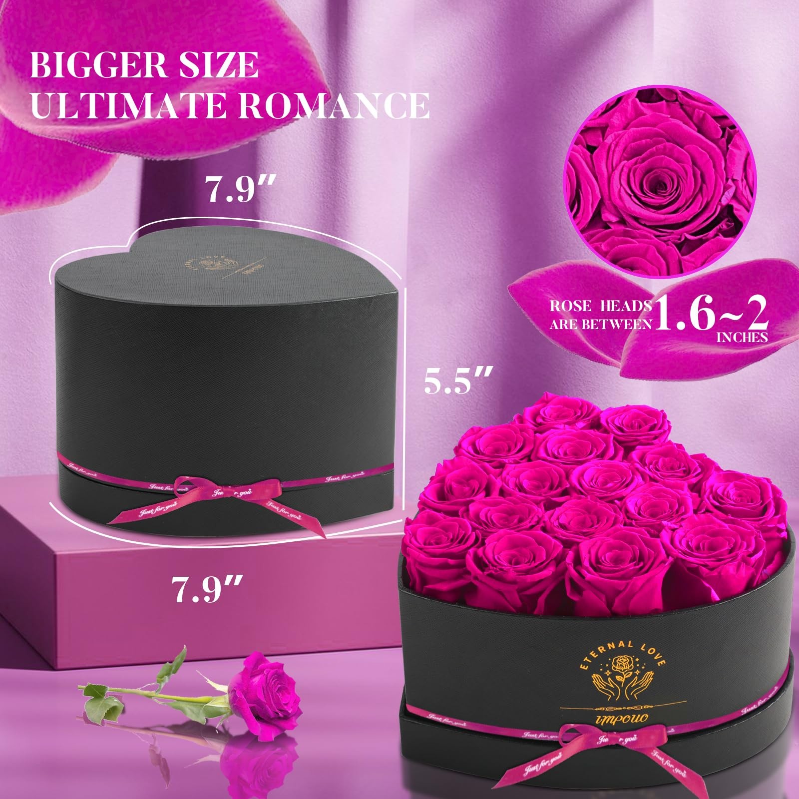 16 PCS Pink Preserved Roses Heart Shape Box Real Flowers Valentine Gift Decor