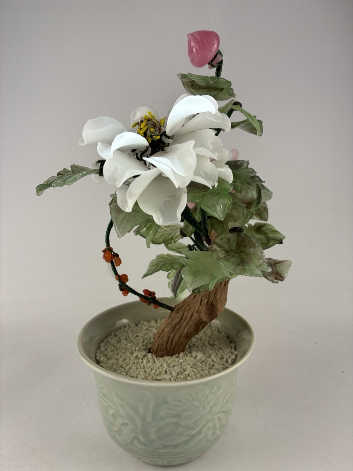 Mid-20th Century Glass Bonsai Flowering Tree ~ Pink & White Flowers 12″