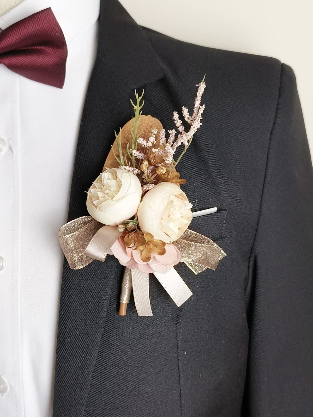 2 PCS Wrist Corsage Boutonniere Set Artificial Flowers Creamy Brown Pink Prom