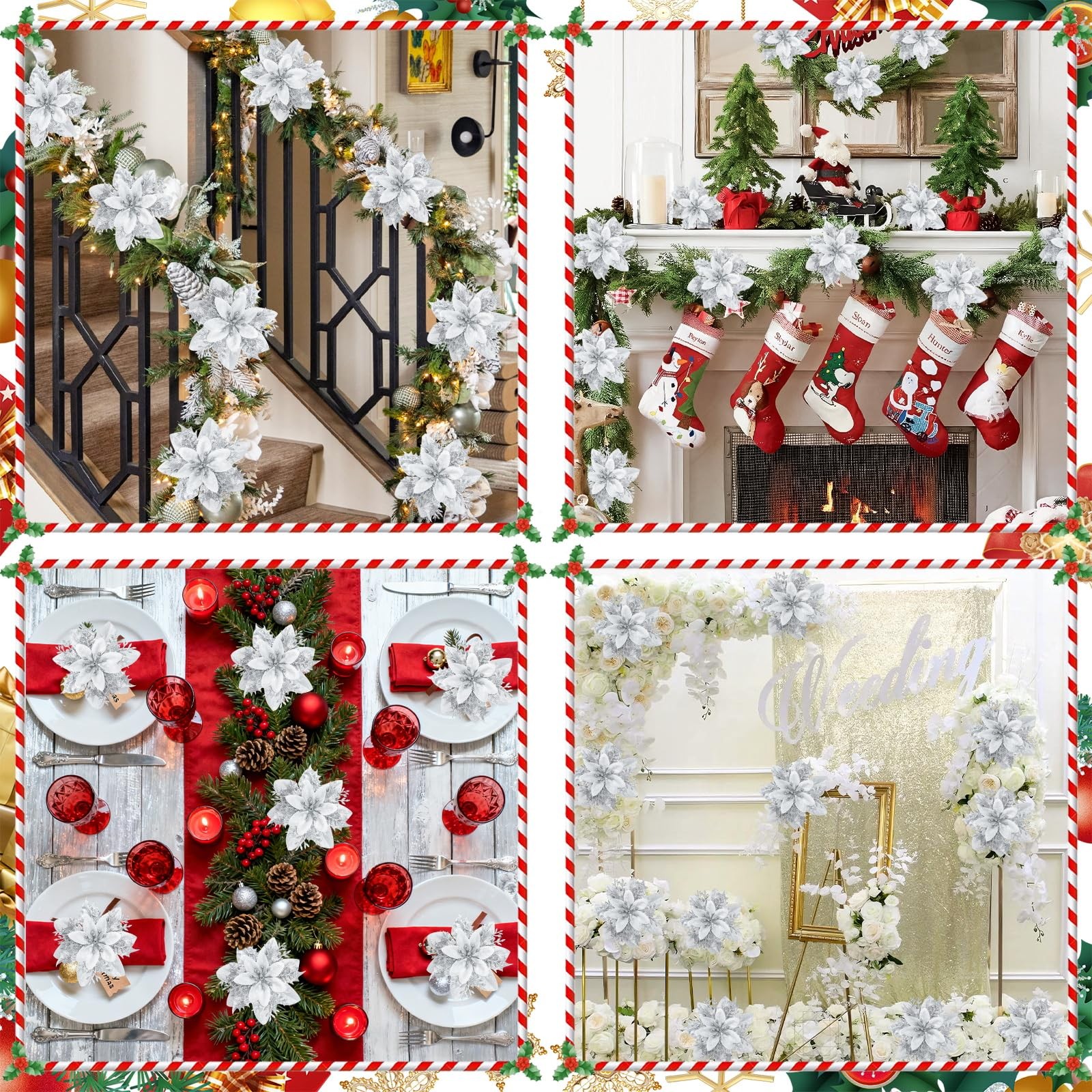 Silver Poinsettia Flower with Clips 12PCS Artificial Poinsettia Flowers Picks…