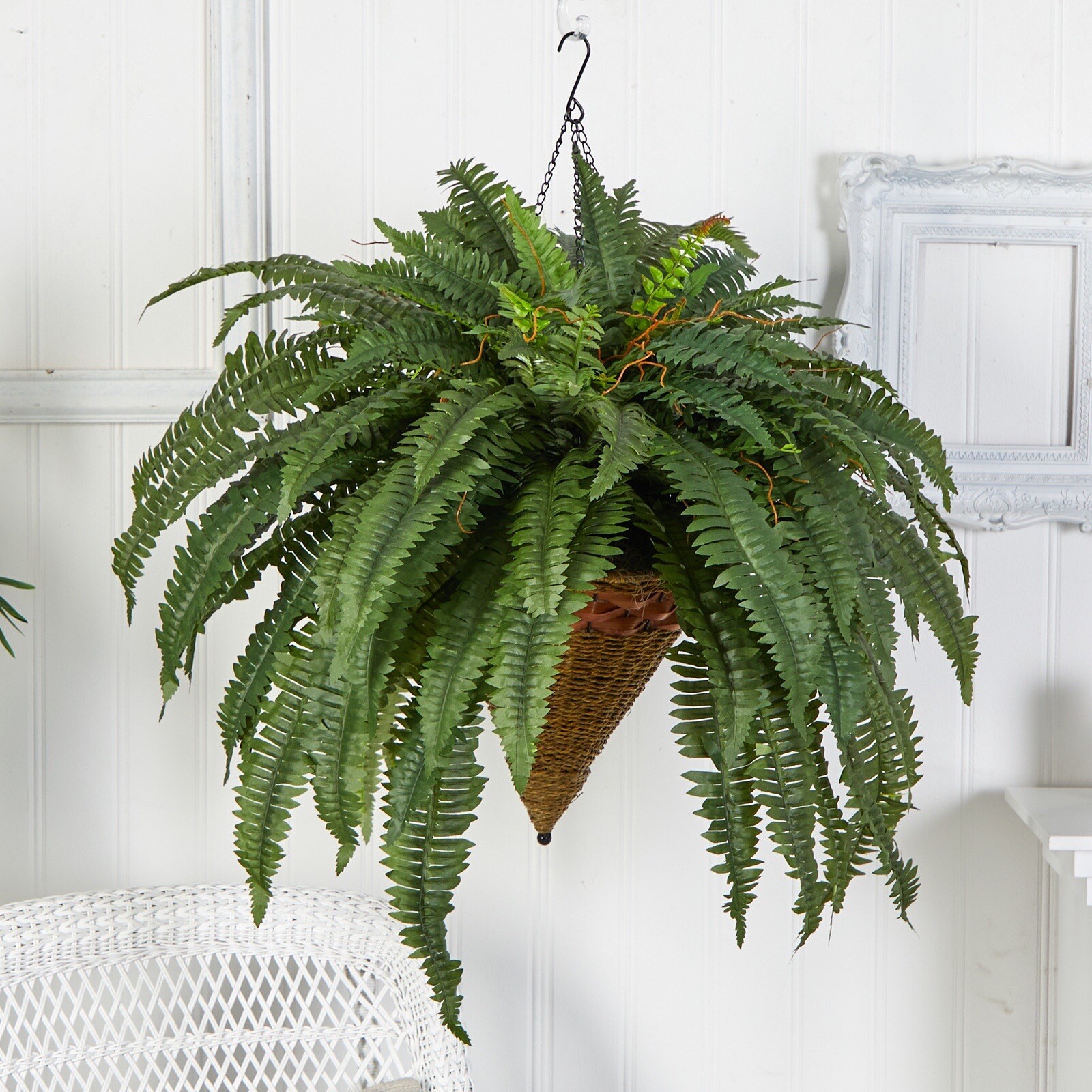 40” Artificial Giant Boston Fern w/Cone Hanging Basket Home Decor. Retail $202