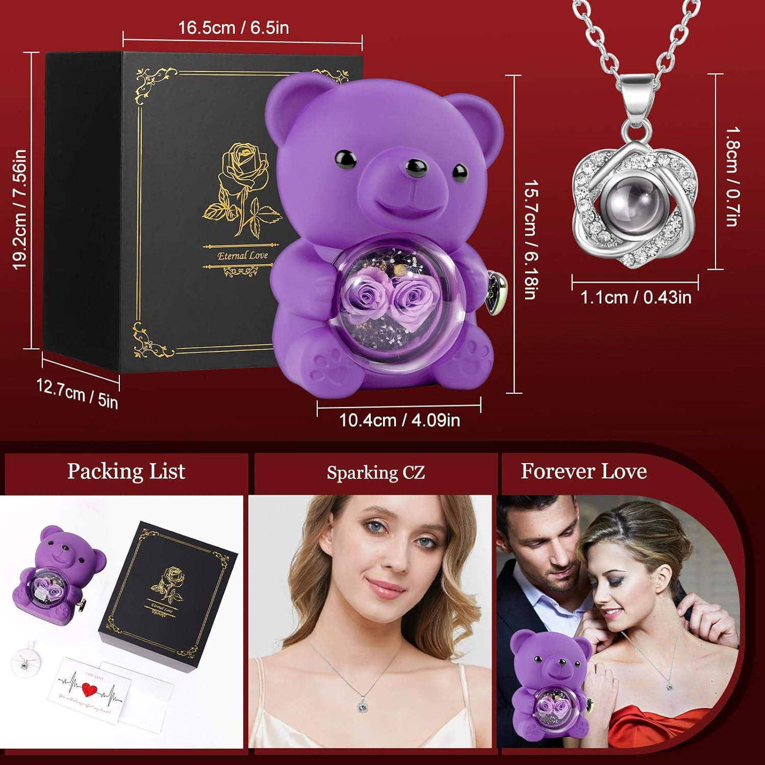 Purple Rose Teddy Bear Gift Box Preserved Flower Romantic Valentine’s Decor