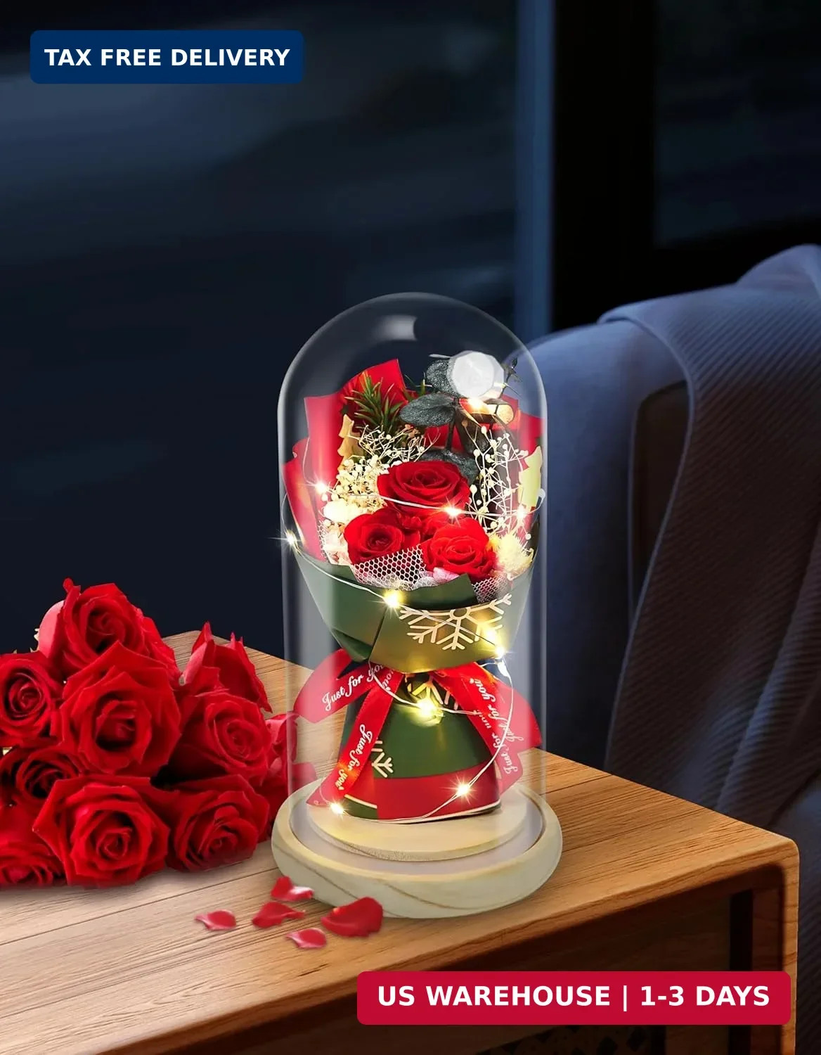 HVY Christmas Day Gifts for Women,Preserved Flowers Bouquet in Glass with LED Li