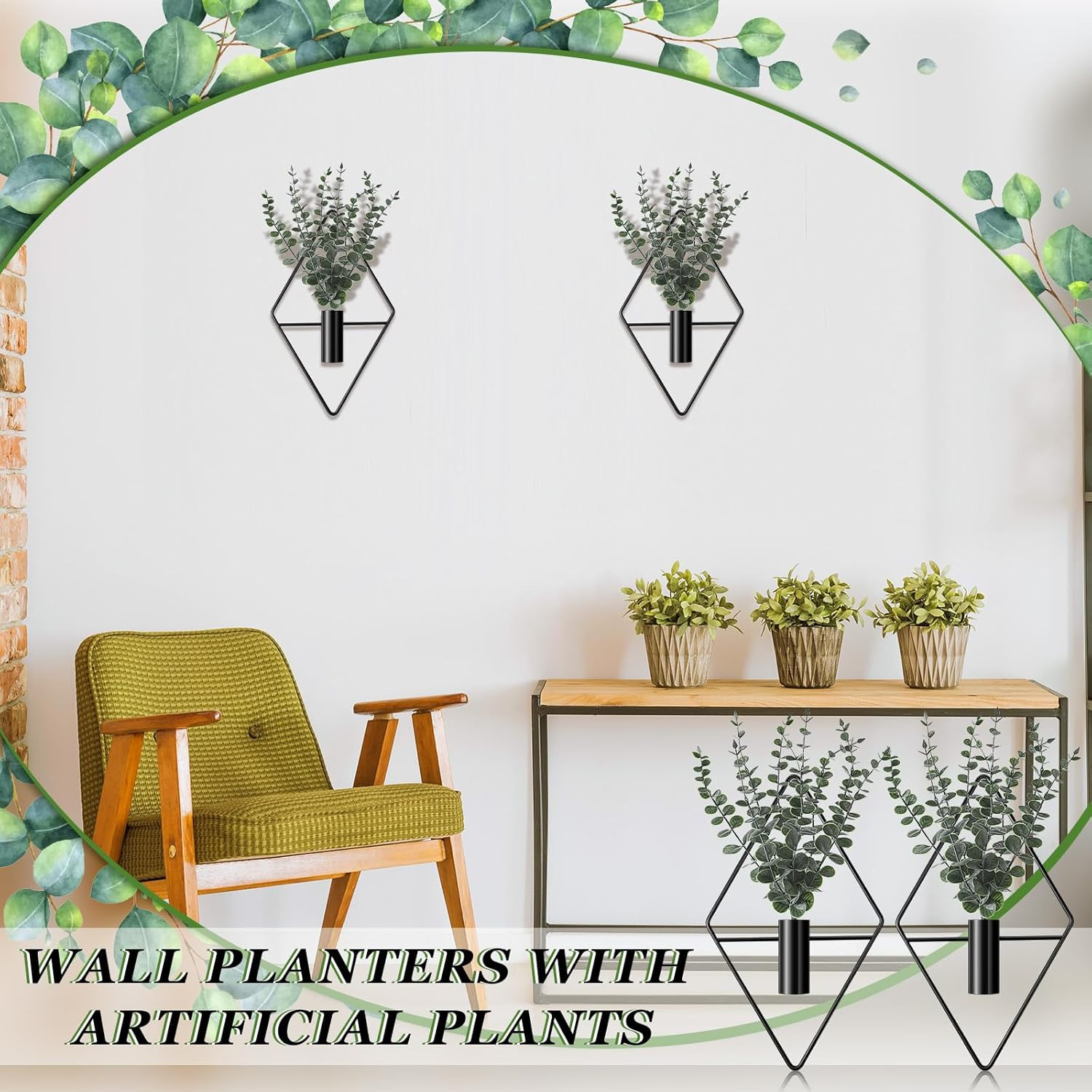 4 Pcs Hanging Planters with Artificial Eucalyptus Metal Hanging Vase Indoor Plan