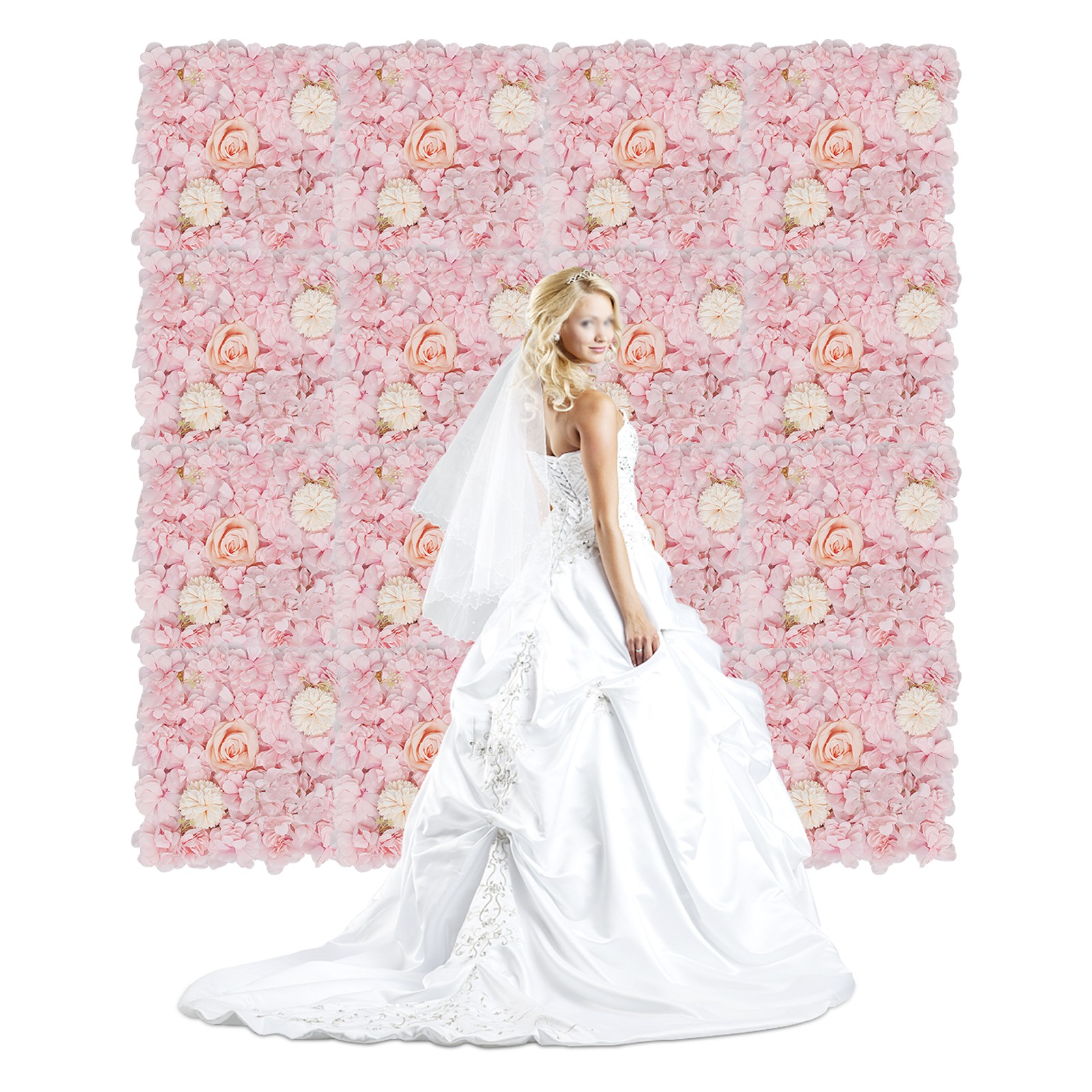 16 PCS Flower Wall Panels Light Pink Square Artificial Flowers Wall Decoration