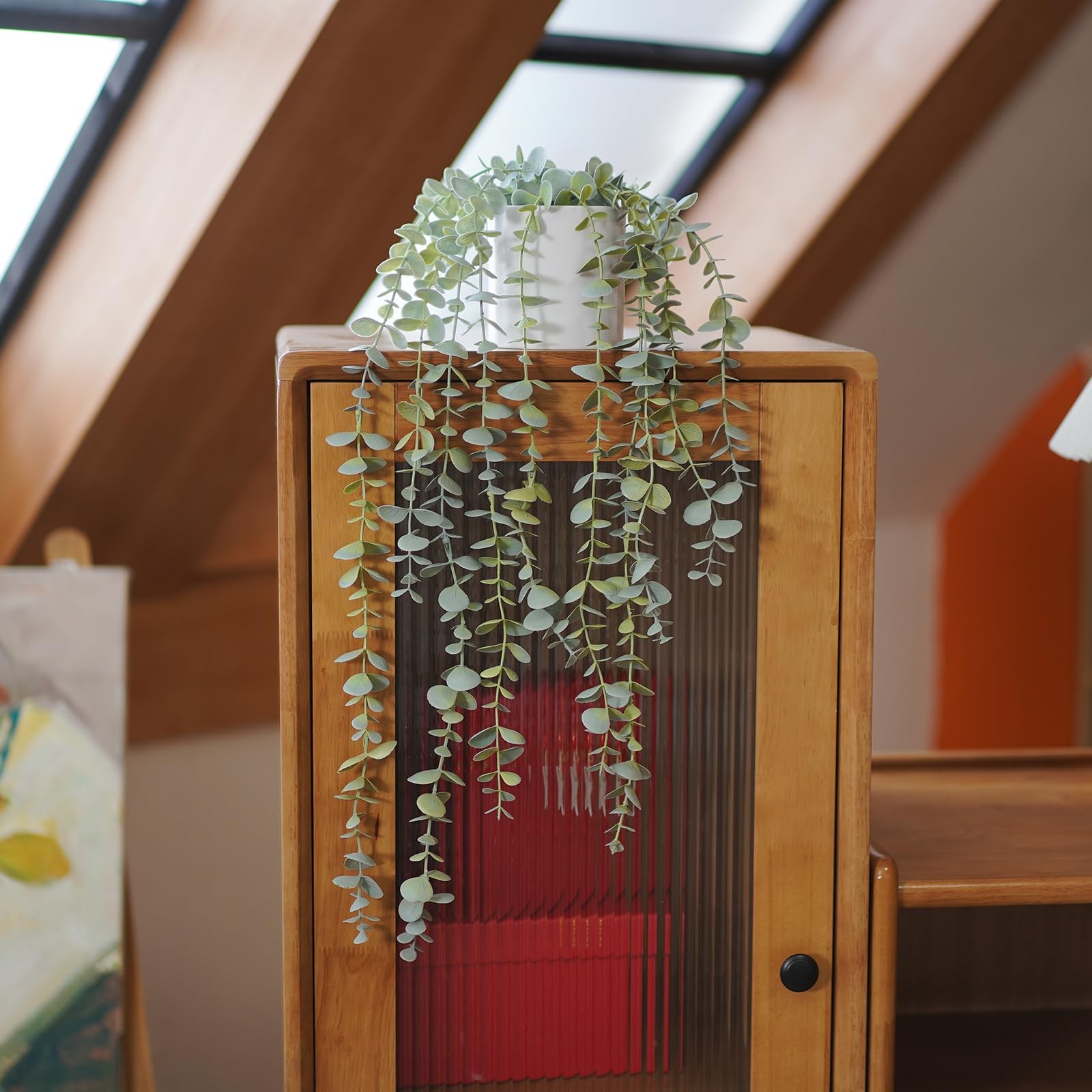 Medium Decorative Hanging Plant Faux Ivy Eucalyptus Vine Greenery White Pot
