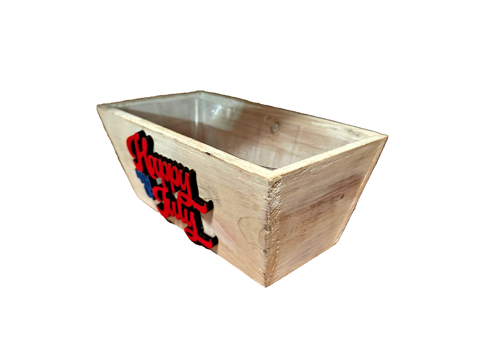 Happy 4th White Washed Wood Planter Box W/Plastic Liner 8″ x 4″ x 4″ no Plants