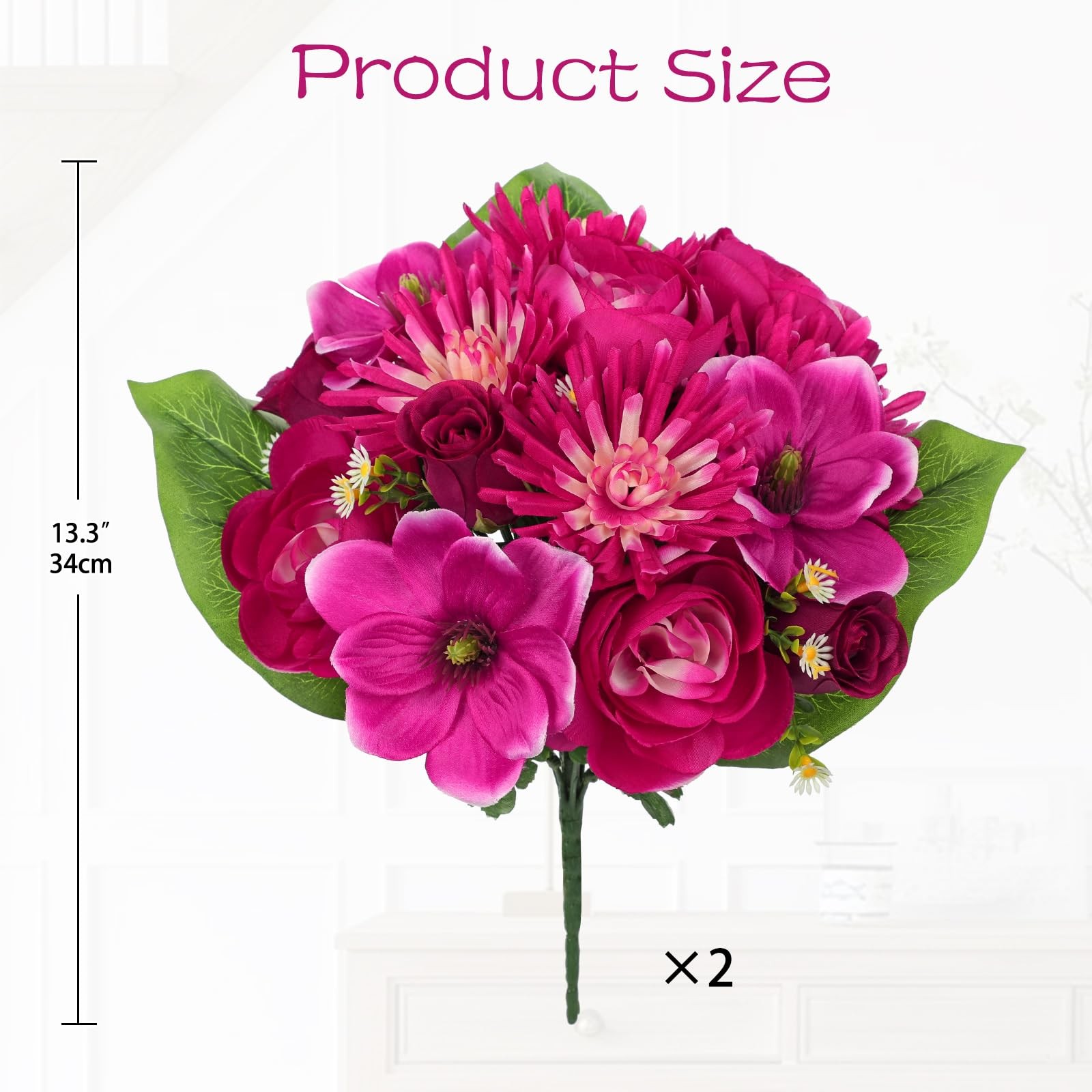 Artificial Flowers Bouquet – 2 Pack Hot Pink Faux Silk Floral Arrangement Fak…