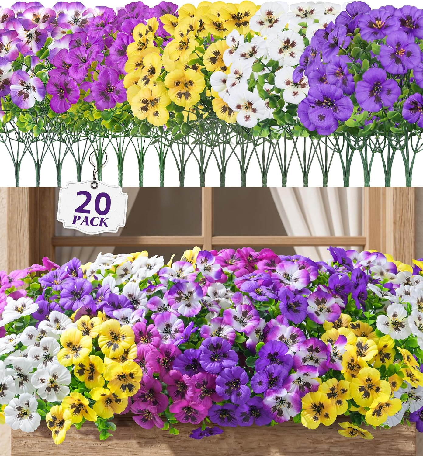 20PCS Artificial Fake Pansy Flowers for Outdoor Spring Summer Decor, Faux Silk M
