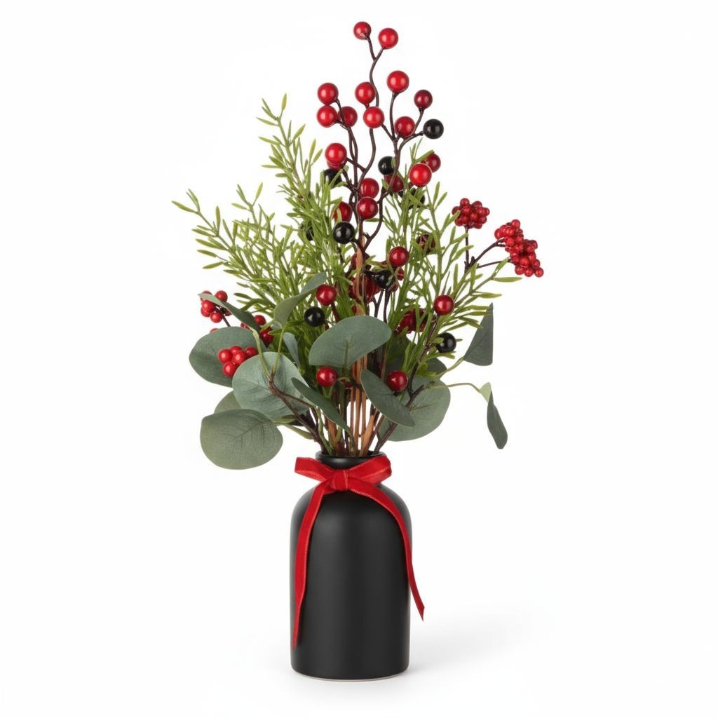 NWT Ashland Berry & Greenery In Black Ceramic Vase Arrangement!