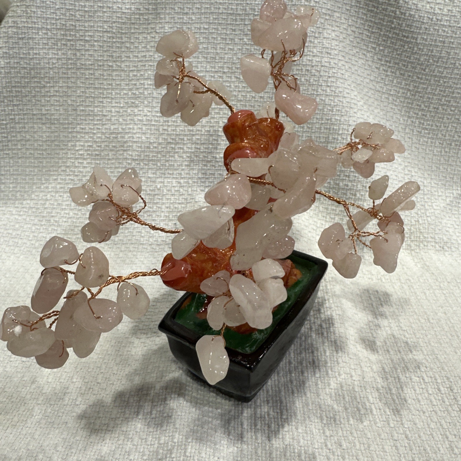 Natural Rose Stone Asian Style Bonsai Money Tree Pink Quartz Crystal Feng Shui