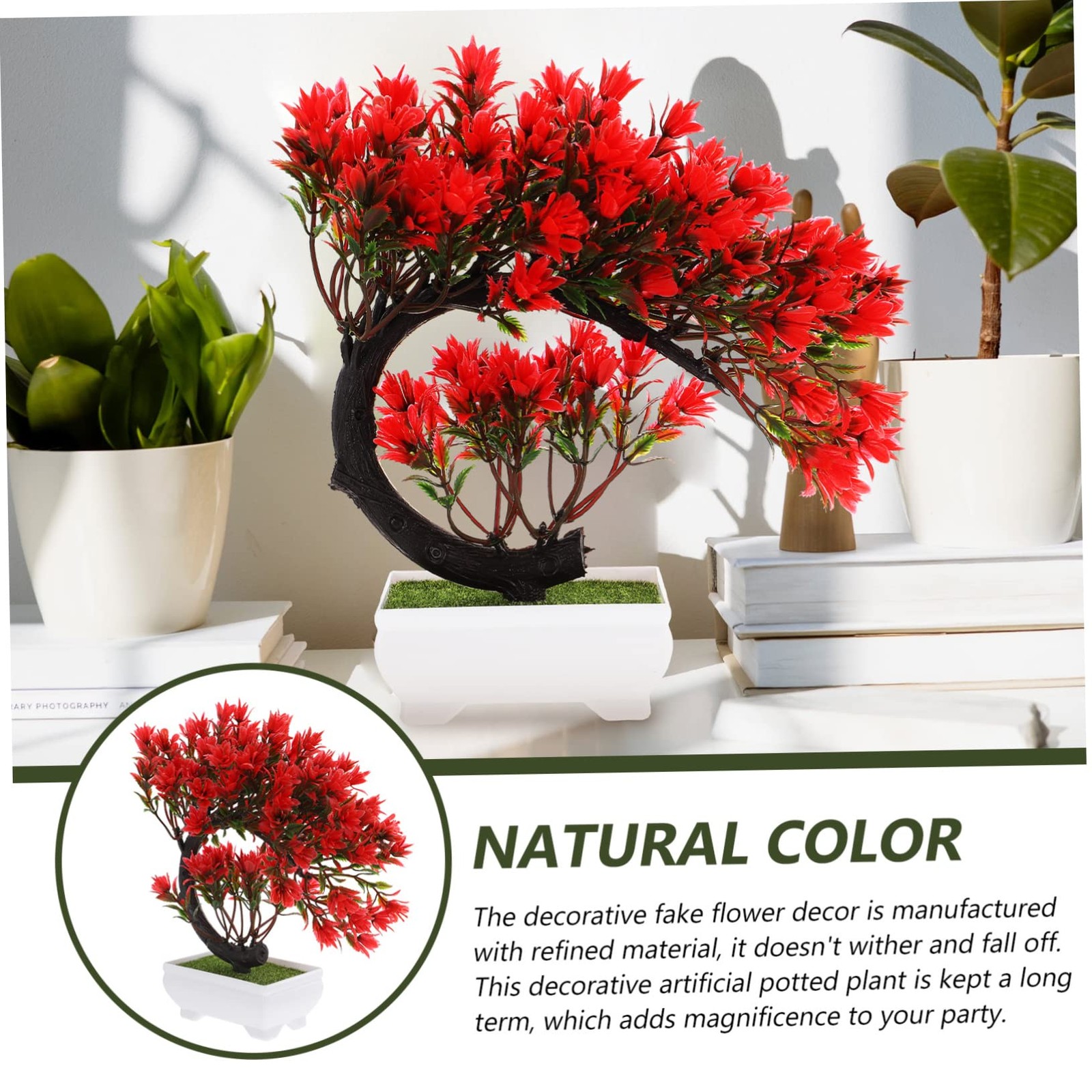 Simulated Faux Artificial Greenery Potted Flower Bonsai Plant 8.27×2.76×9.06Inch