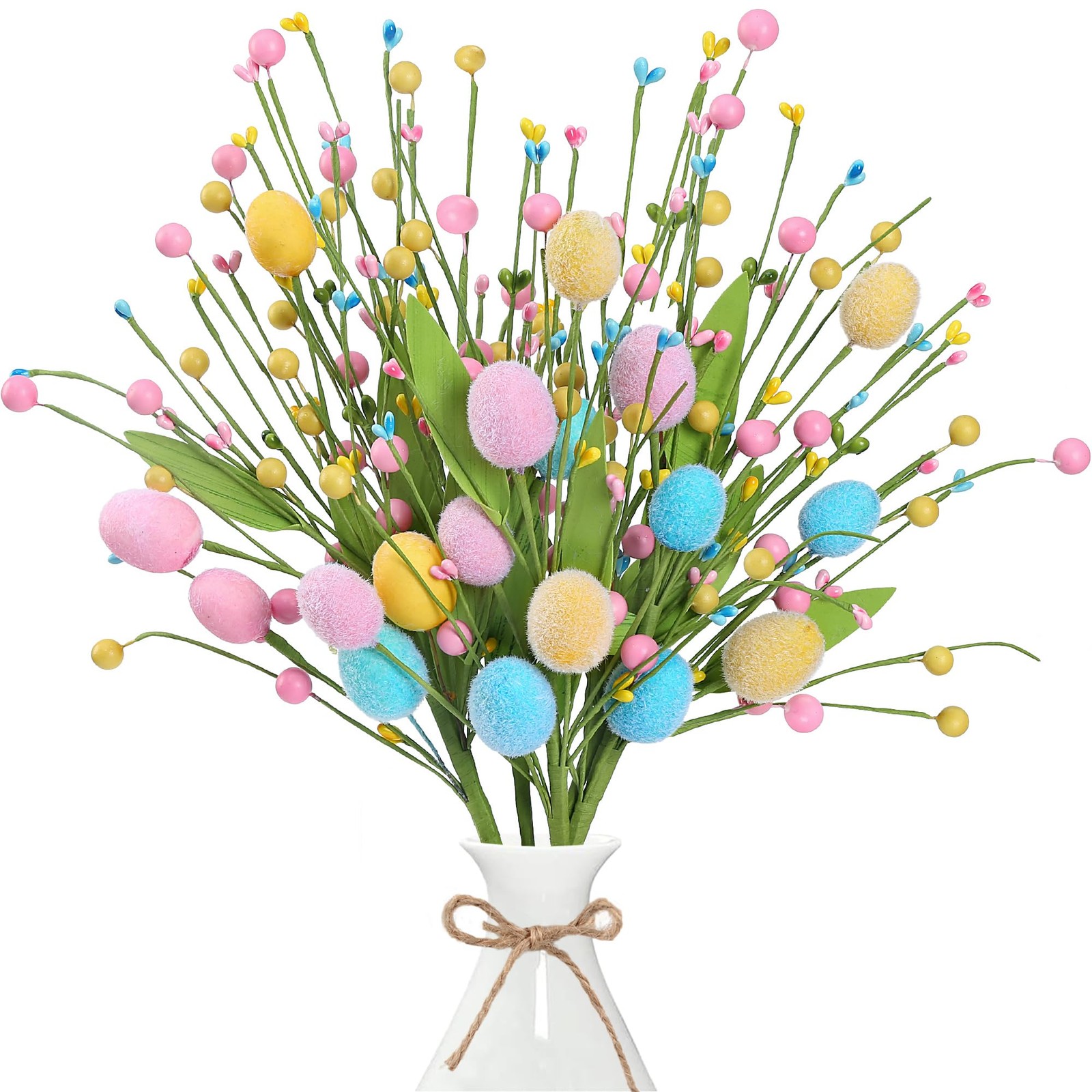 Artificial Easter Stems 6 Pcs Spring Egg Picks with Colorful Eggs Berries Gre…