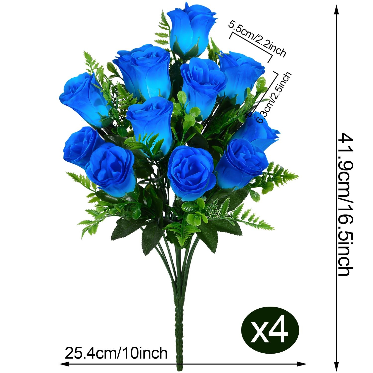 Artificial Rose Flowers Bouquet 4 PCS, Realistic Silk Blue Wedding Cemetery