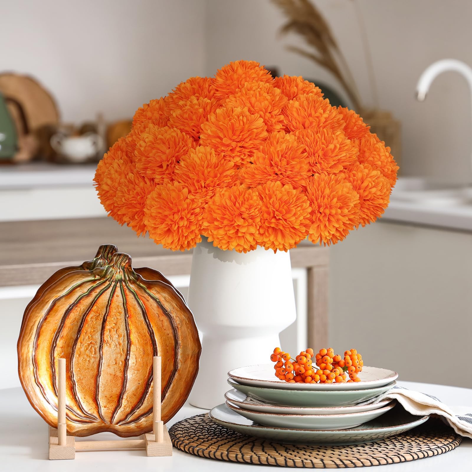 Artificial Chrysanthemums Marigold Fake Orange Silk Mums Bouquet 36 PCS