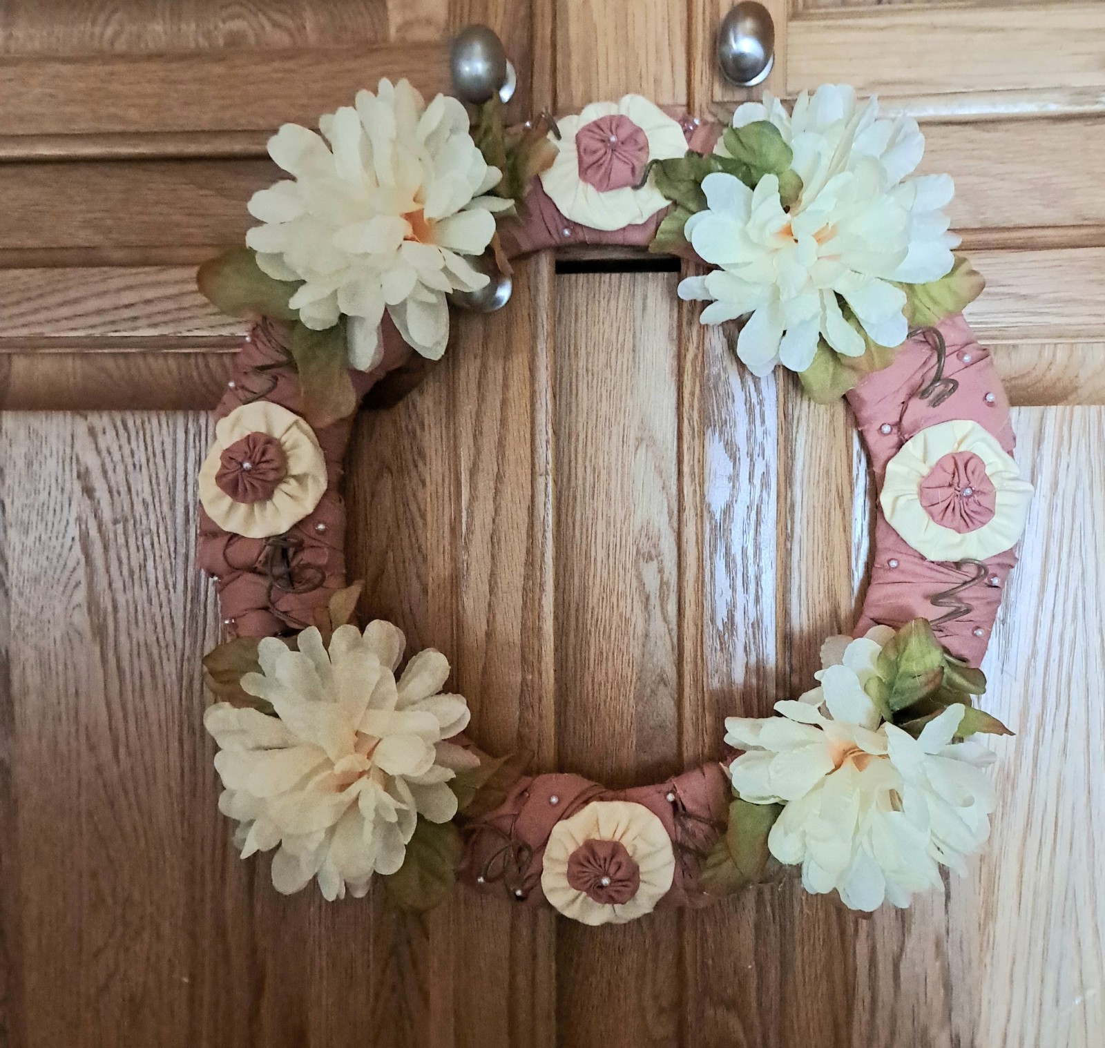 Pretty Homemade Floral Wreath with Cream Flowers 15″ Wide
