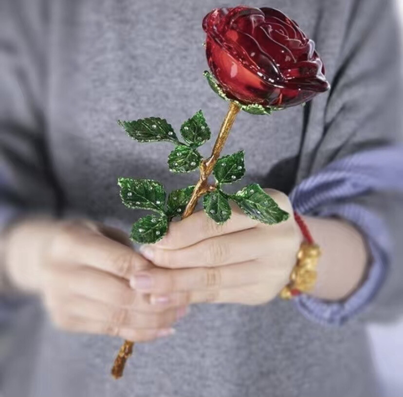 Crystal Glass Red❤️Rose Flower Gold Plated Long Stem Love Valentine’s Day Gift🌹