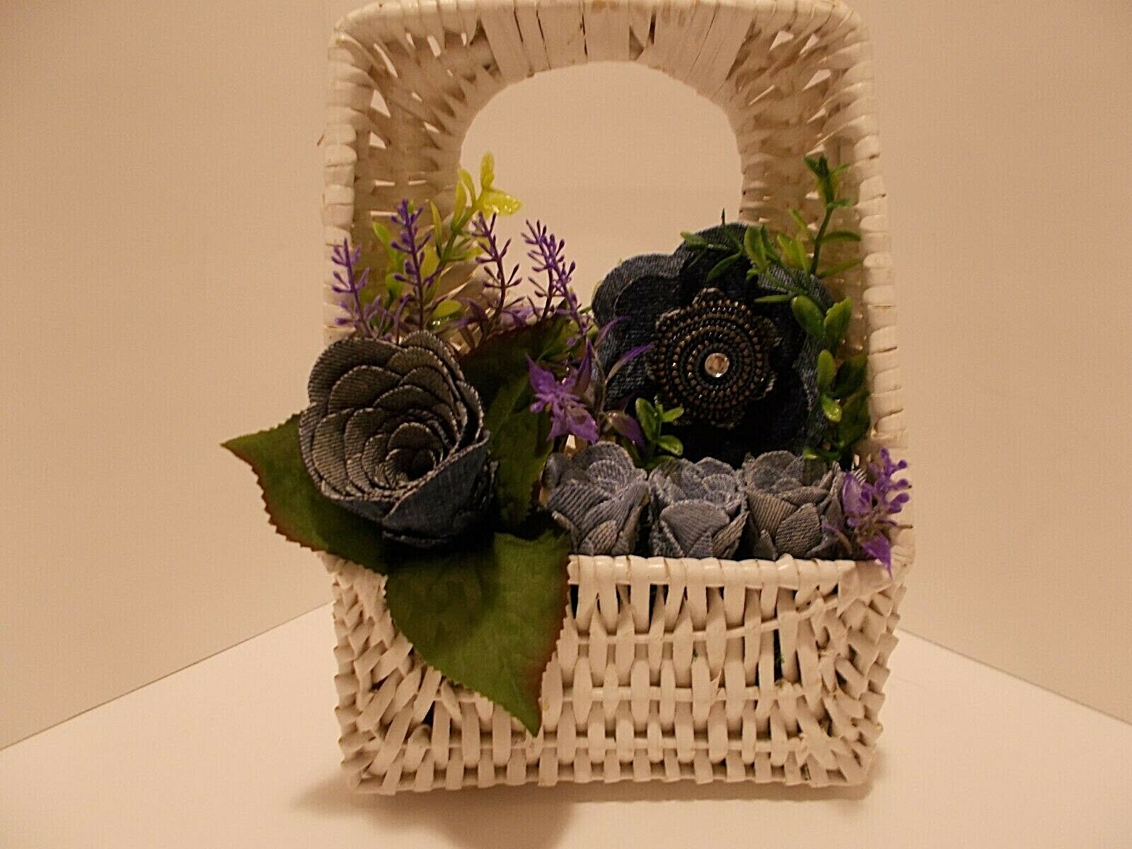 White Wicker Pocket Basket w Denim Roses Denim Zipper Flower w Faux Lavender