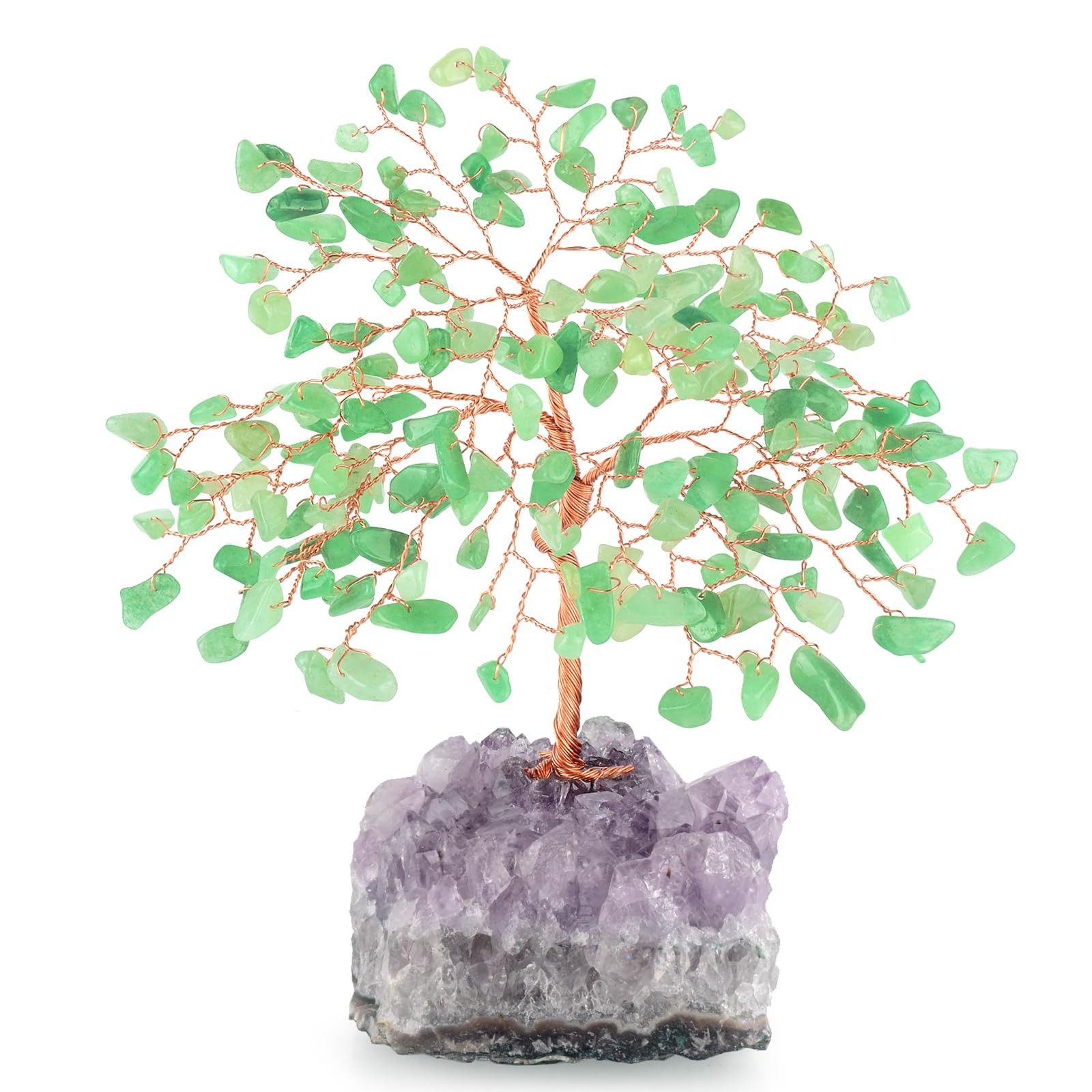 Gemstone Crystal Tree of Life,Natural Green Aventurine with Amethyst Cluster Bas