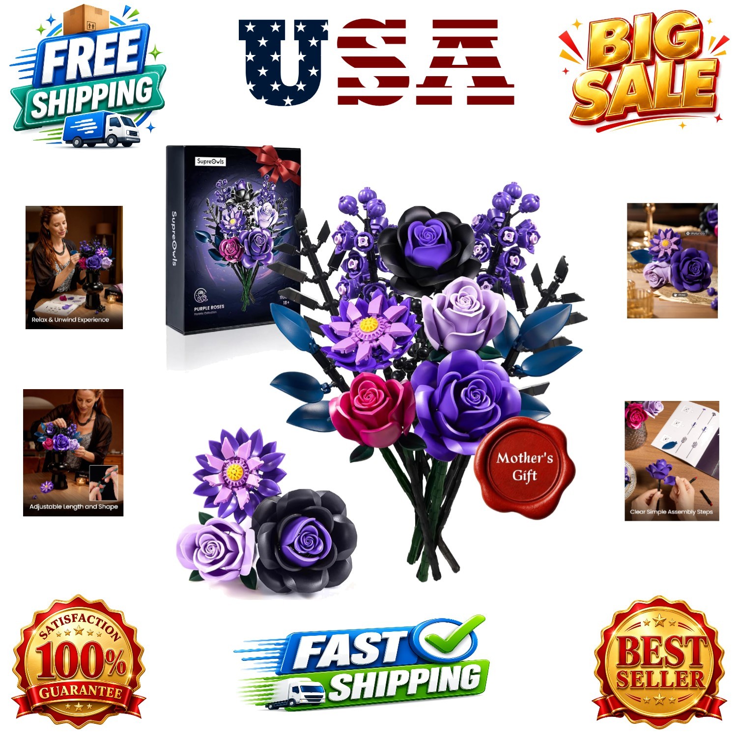 Flower Bouquet Building Set, Purple Roses Botanical Collection Kits for Adult…