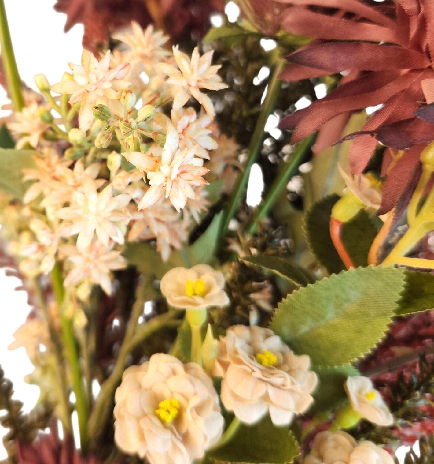 Hand Tied Artificial Flower Bouquet With Burgundy Purple Cream and Green Tones