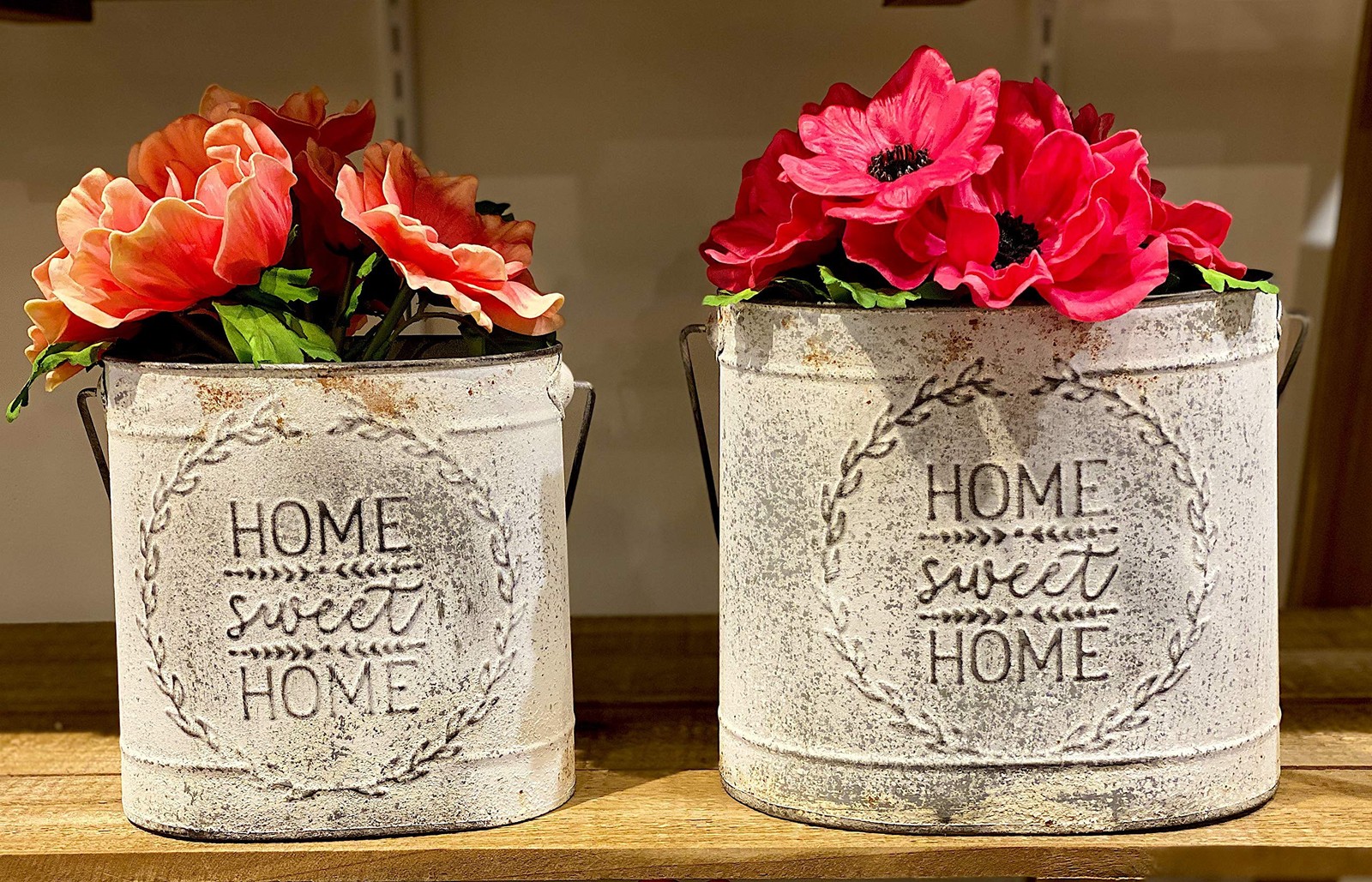Raz S2 Metal Rustic White Home Sweet Home Buckets Decorative Containers Distr…