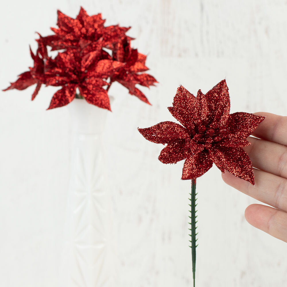 Bulk Lot of 24 Christmas Red Glitter Artificial Poinsettia 6″ Stems