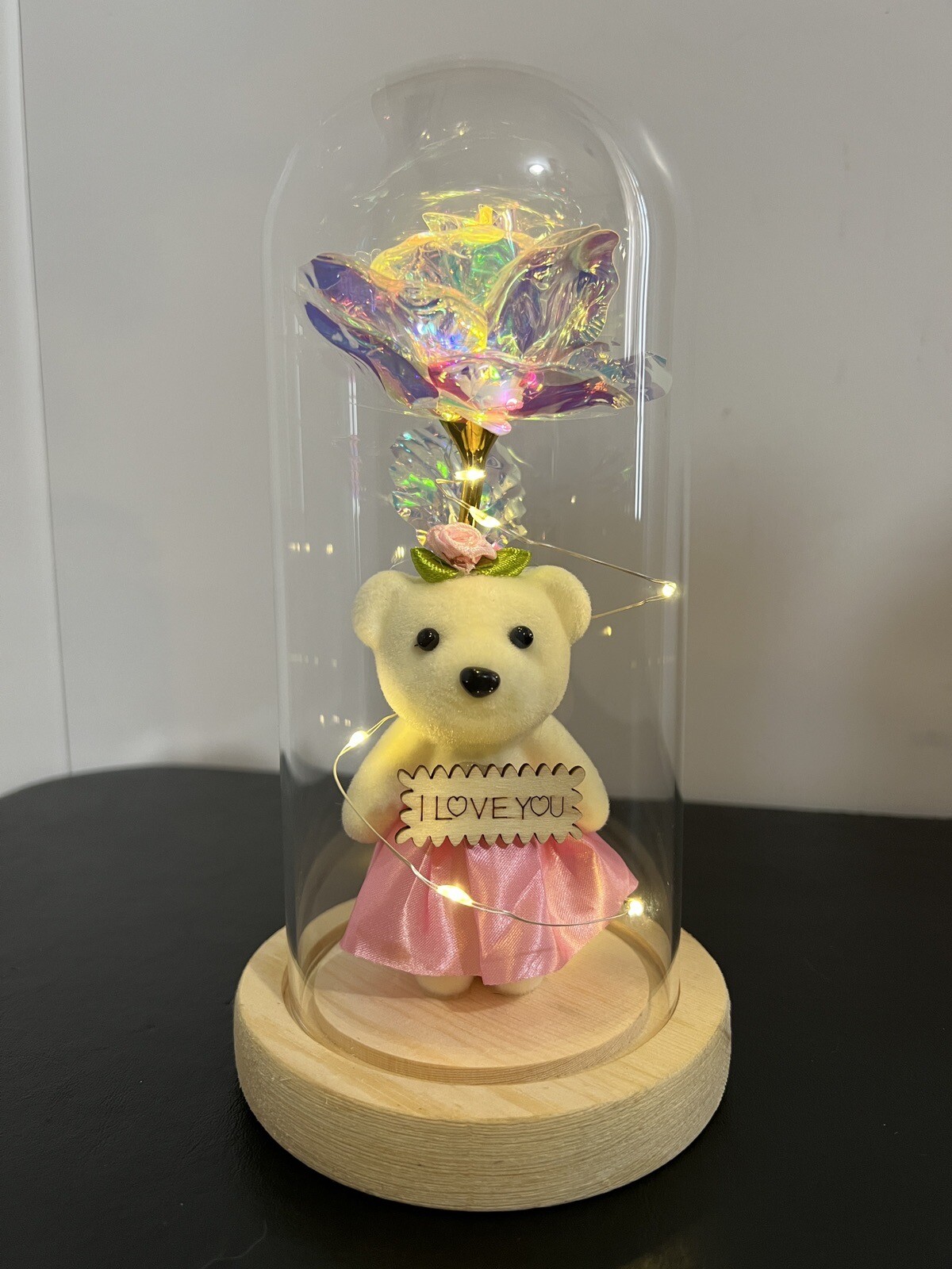 Rose in Glass Dome with Bear LED Gifts for Her Women Rose Alout