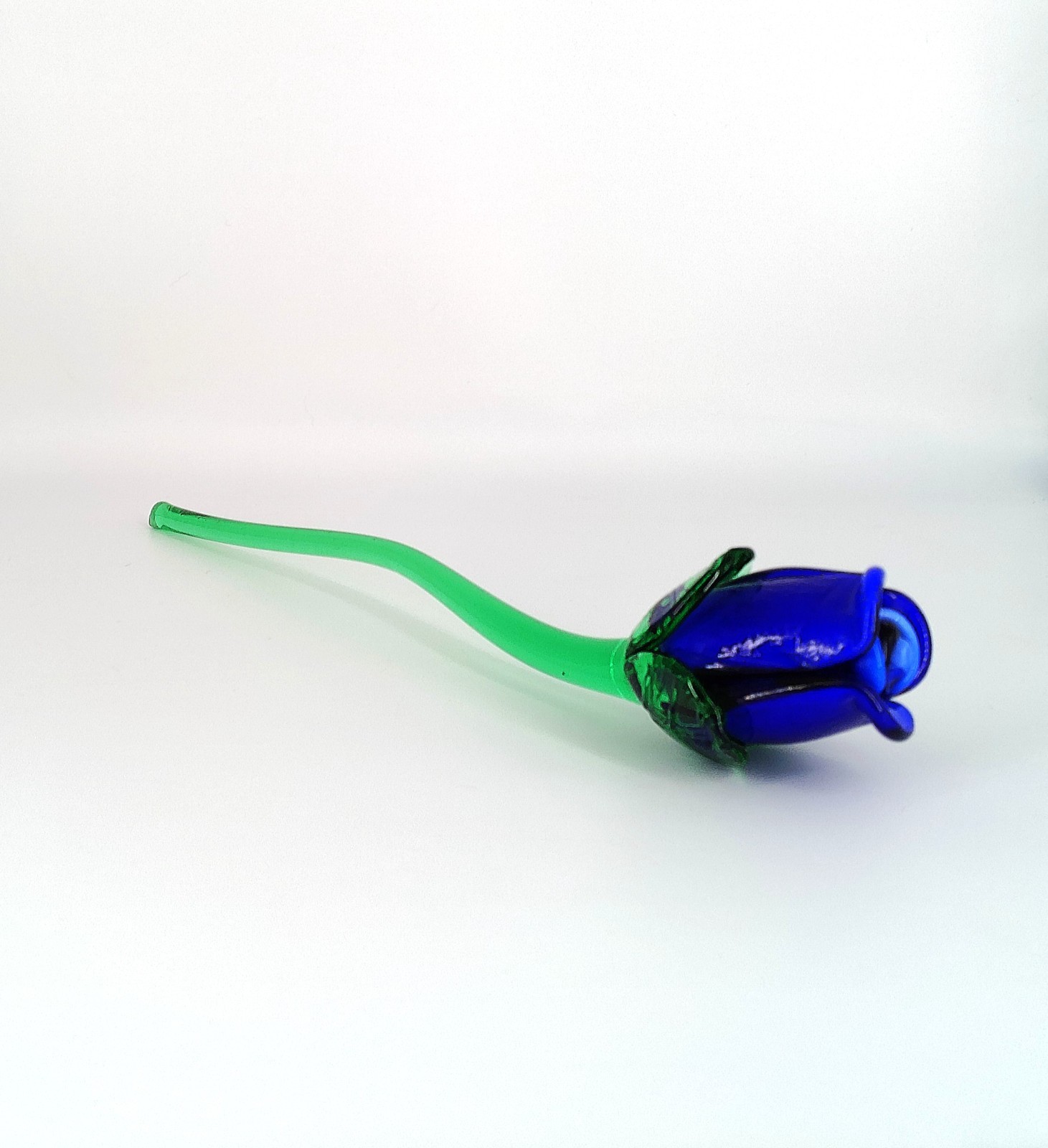 Vintage Murano Style Glass Blown Long Stem 13-3/4″ Blue Glass Rose
