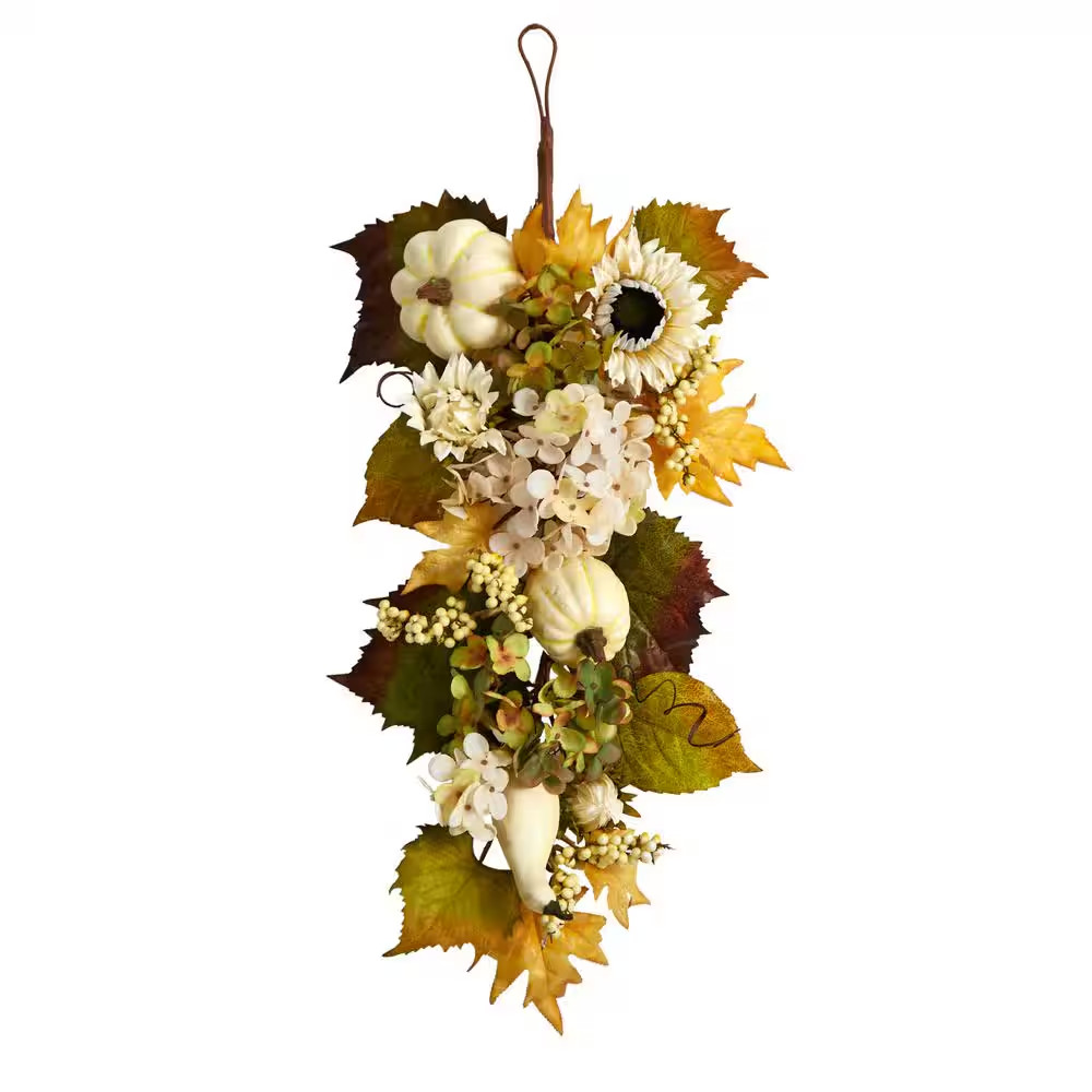 33 In. Green Fall Sunflower, Hydrangea and White Pumpkin Artificial Autumn Teard