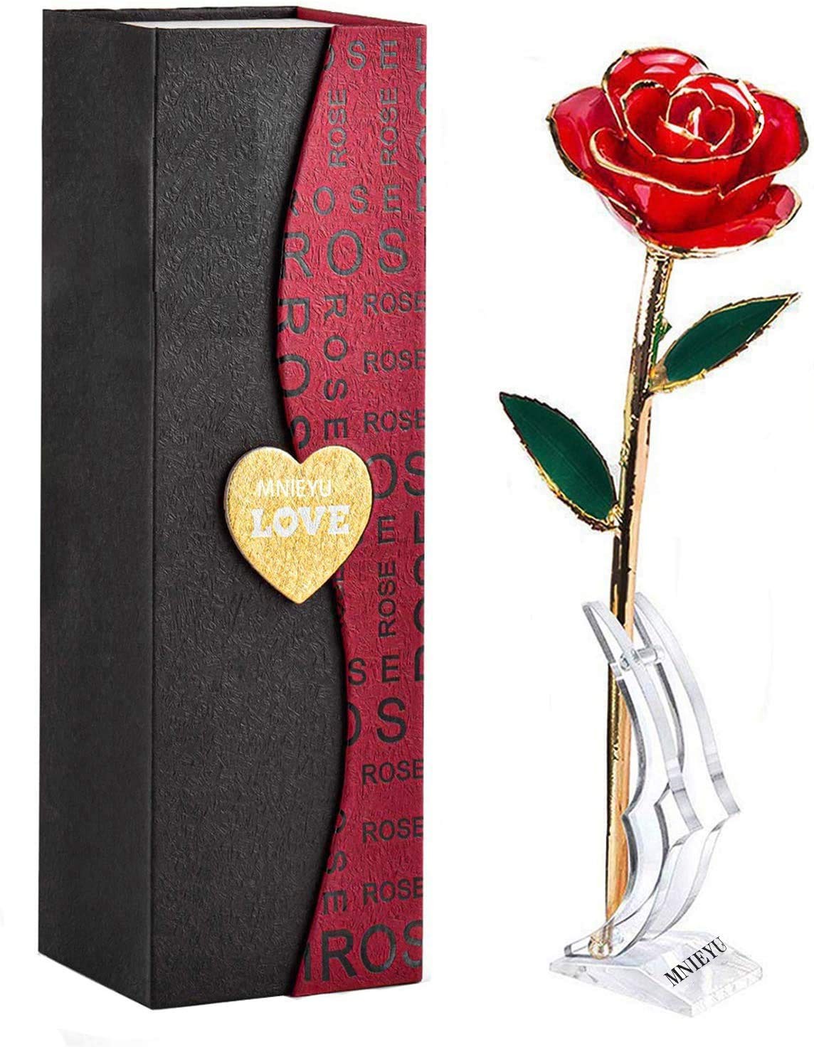 Gold Rose 24K Plated Gold Dipped Rose, Forever Preserved Red Rose Flowers wit…