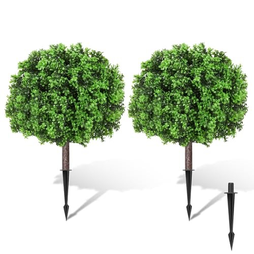 Artificial Topiary Ball Trees 25″ Set of 2, UV Resistant Faux Plants Boxwood