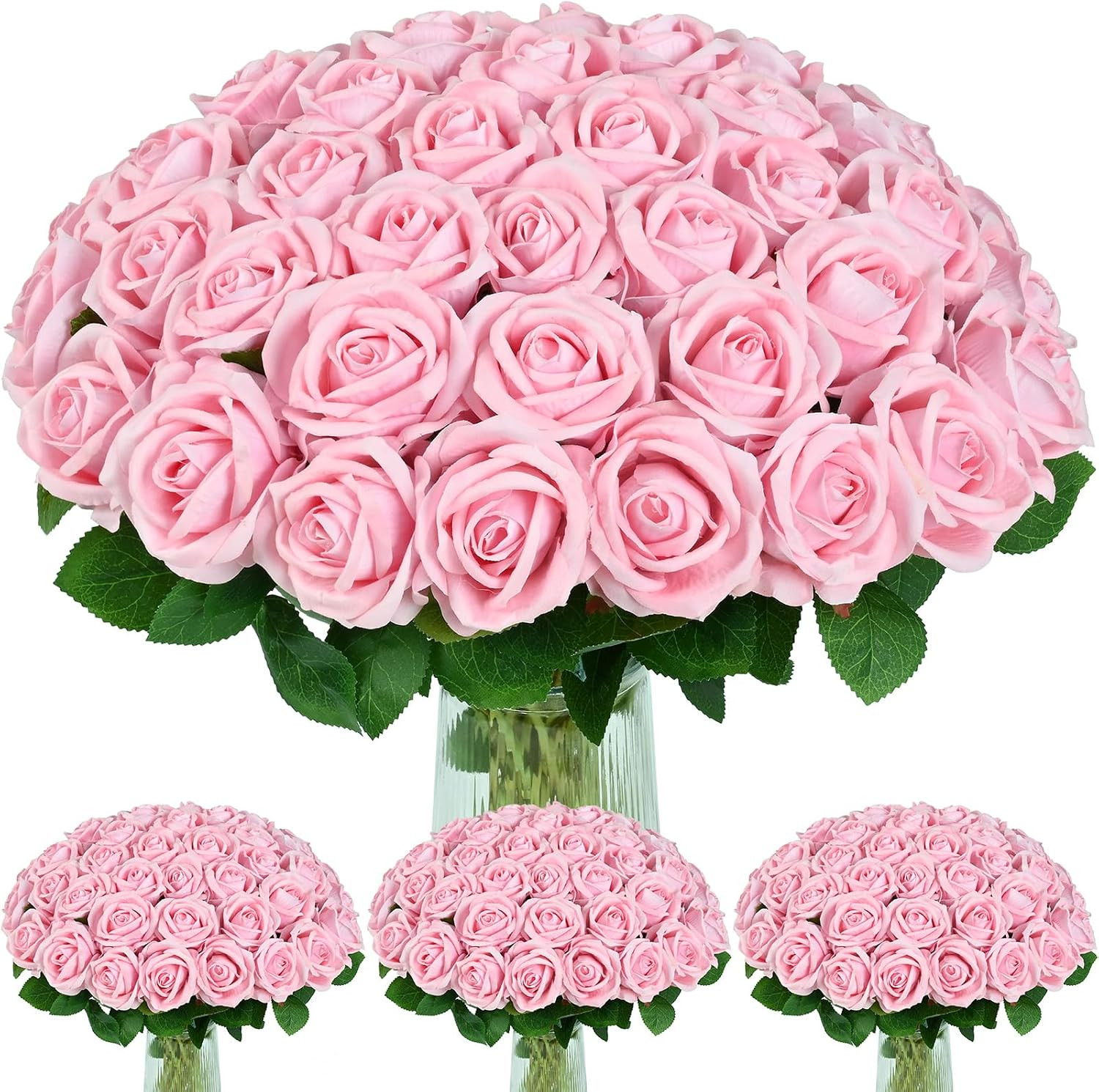 50 Pcs Pink Roses Artificial Flowers, Real Touch Velvet Roses Bouquet Fake Flowe