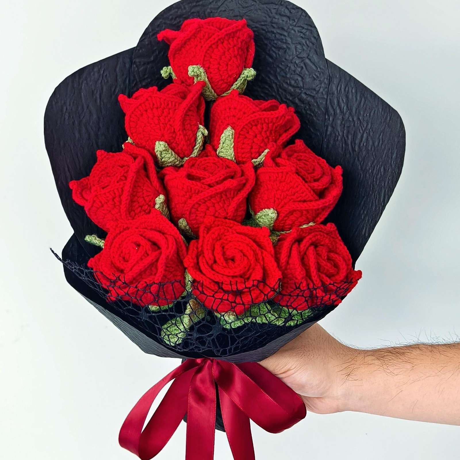 Red Crochet Rose Bouquet Handmade Valentine’s Yarn Roses Anniversary Gift